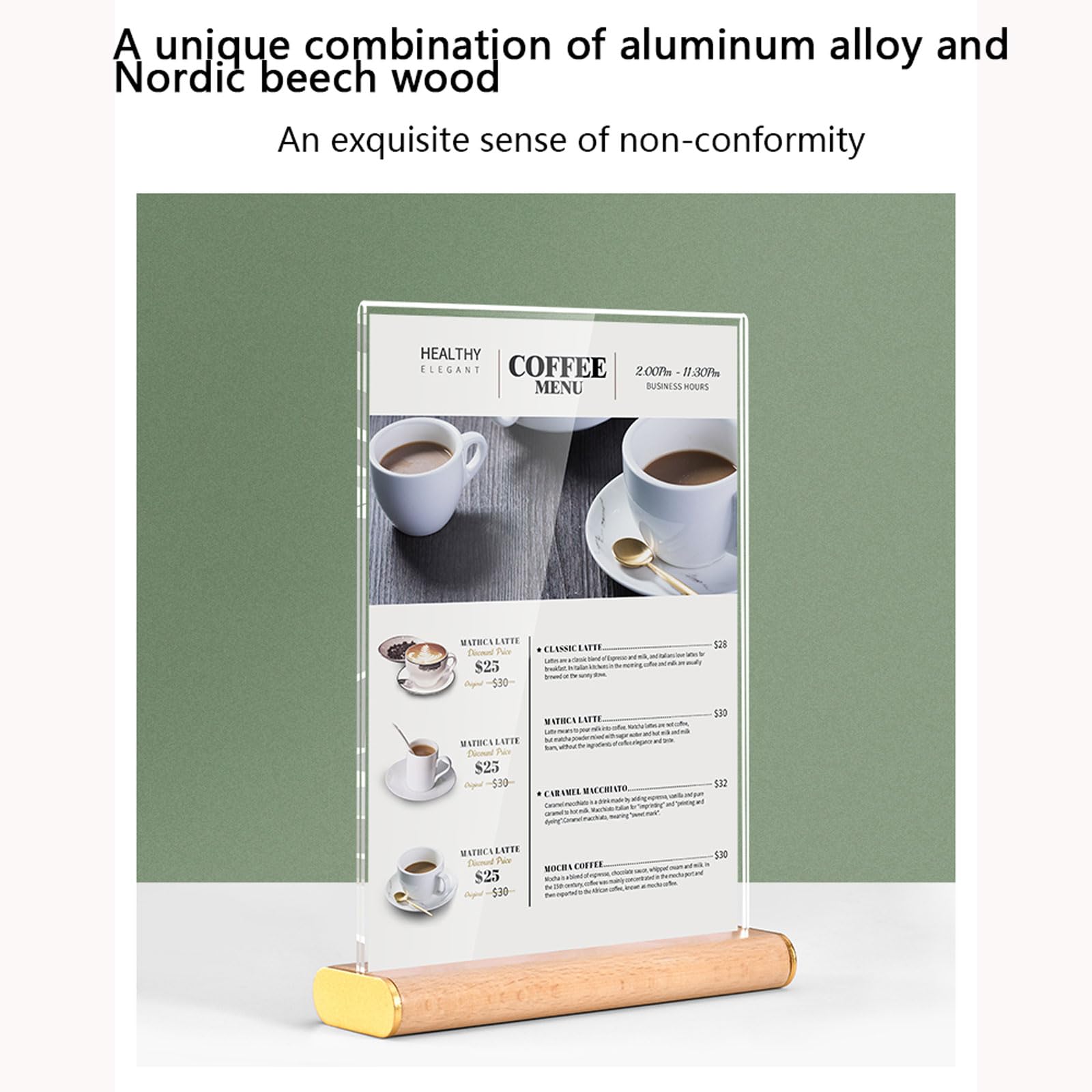 Asystent oznakowania Ericha, Akrylowy stojak na tabliczki A4 Stojak na menu Noble Style 210x297mm Podwójna drewniana podstawa w kształcie litery T