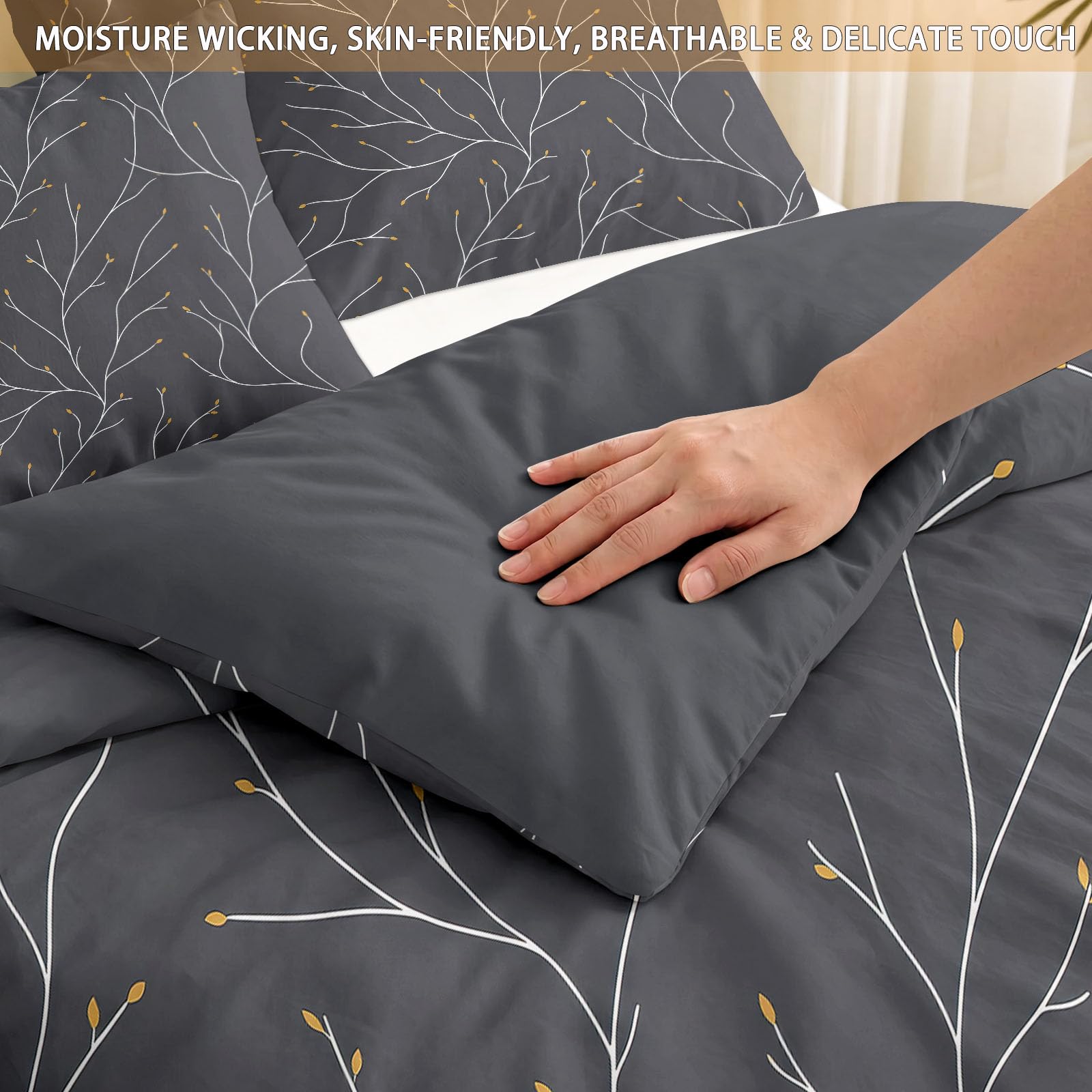 Gris Parure de Lit 3 Pièces Lignes Moderne Feuilles Plantes Literie, Douce Housse de Couette 140 x 200 cm et 2 taies d'oreiller, Parure de lit 2 Personnes avec Fermeture éclair, Minimalist