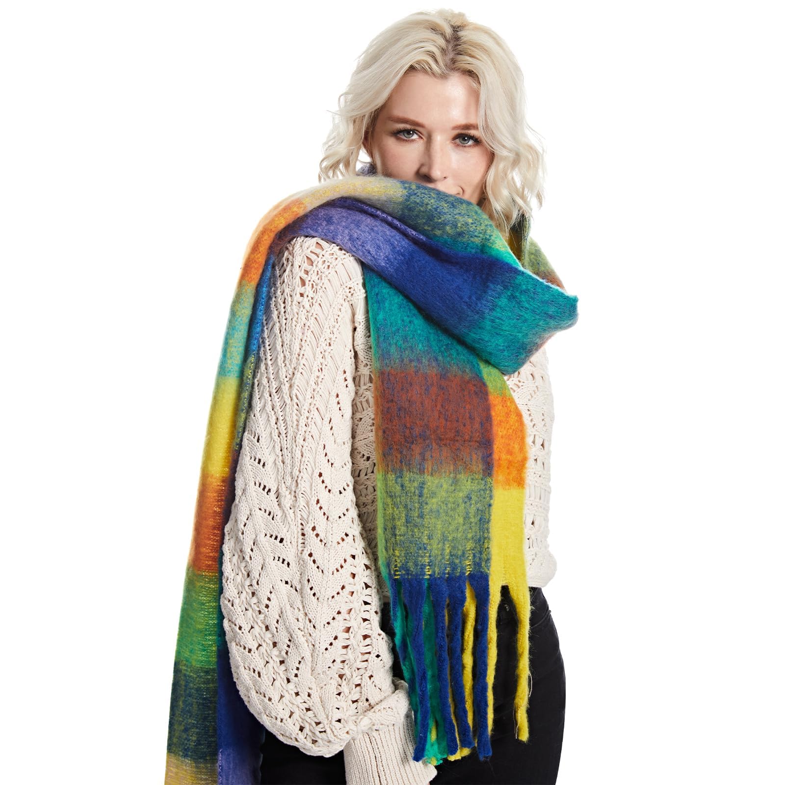 Plaid Warm Blanket Scarf for Winter, Long Ladies Scarves Check Soft, Wool Tartan Shawl Wraps for Women