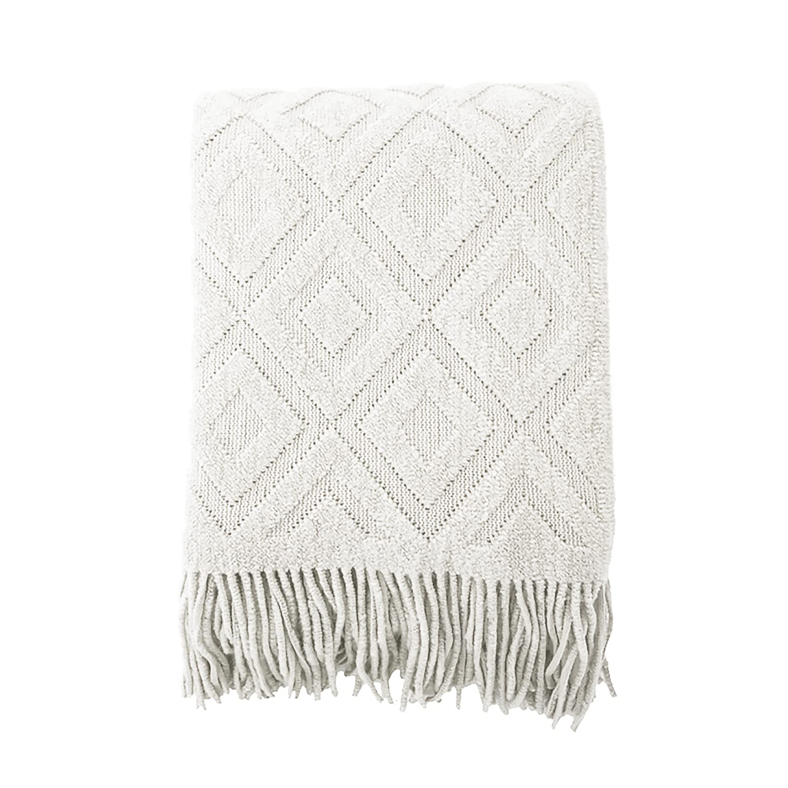 LumiSyne Manta De Punto con Flecos Color Sólido Patrón de Diamante Jacquard Comoda Suave Cubresofa Cubrecama Manta Cubrecama Decorativa para Sofá Cama 170x130cm