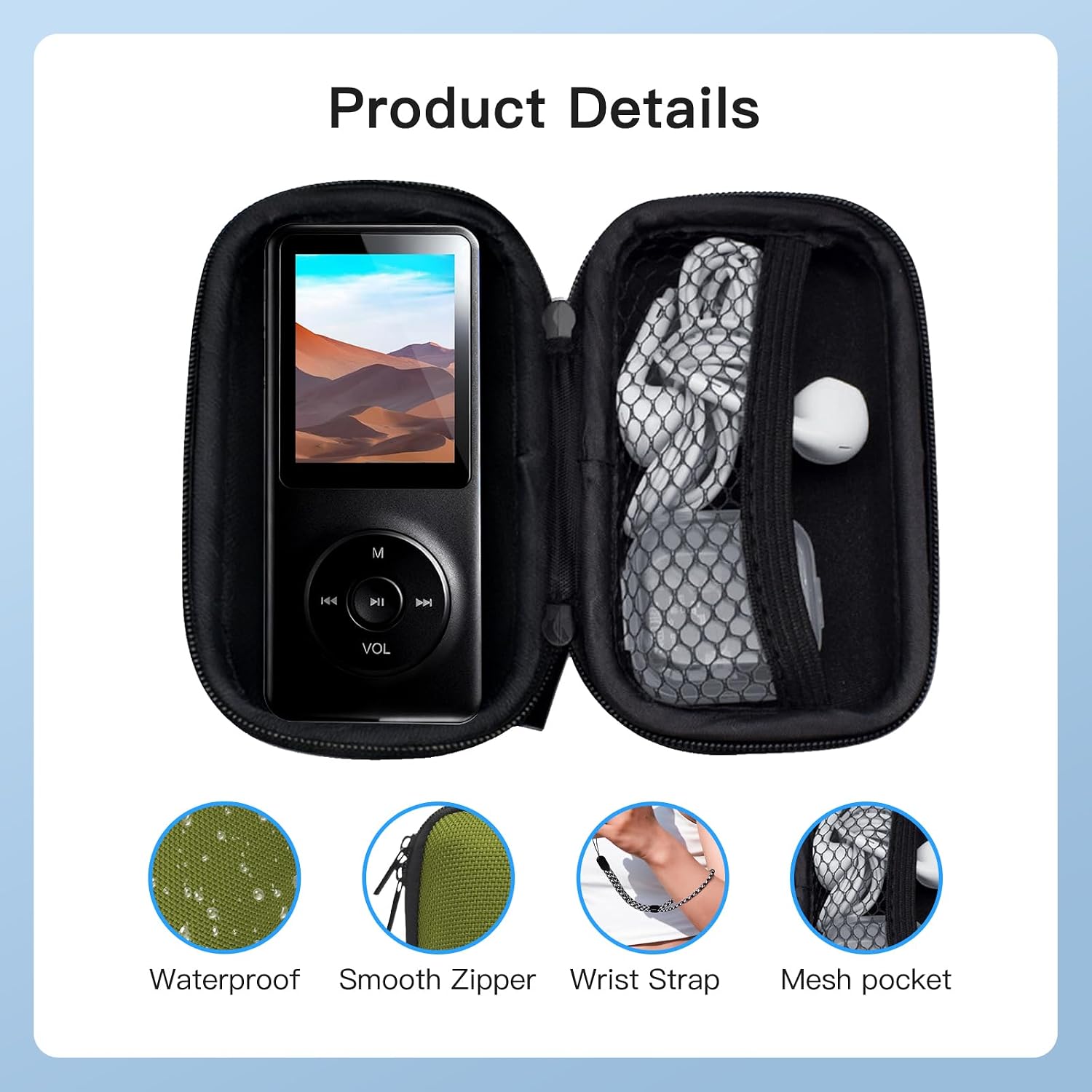 Carrying Case for Hunmkno MP3 Player- Hard Shell Protective Carrying Case, Portable Travel Storage Bag with Lanyard & Carabiner | Anti-scrathes&Shockproof,Green
