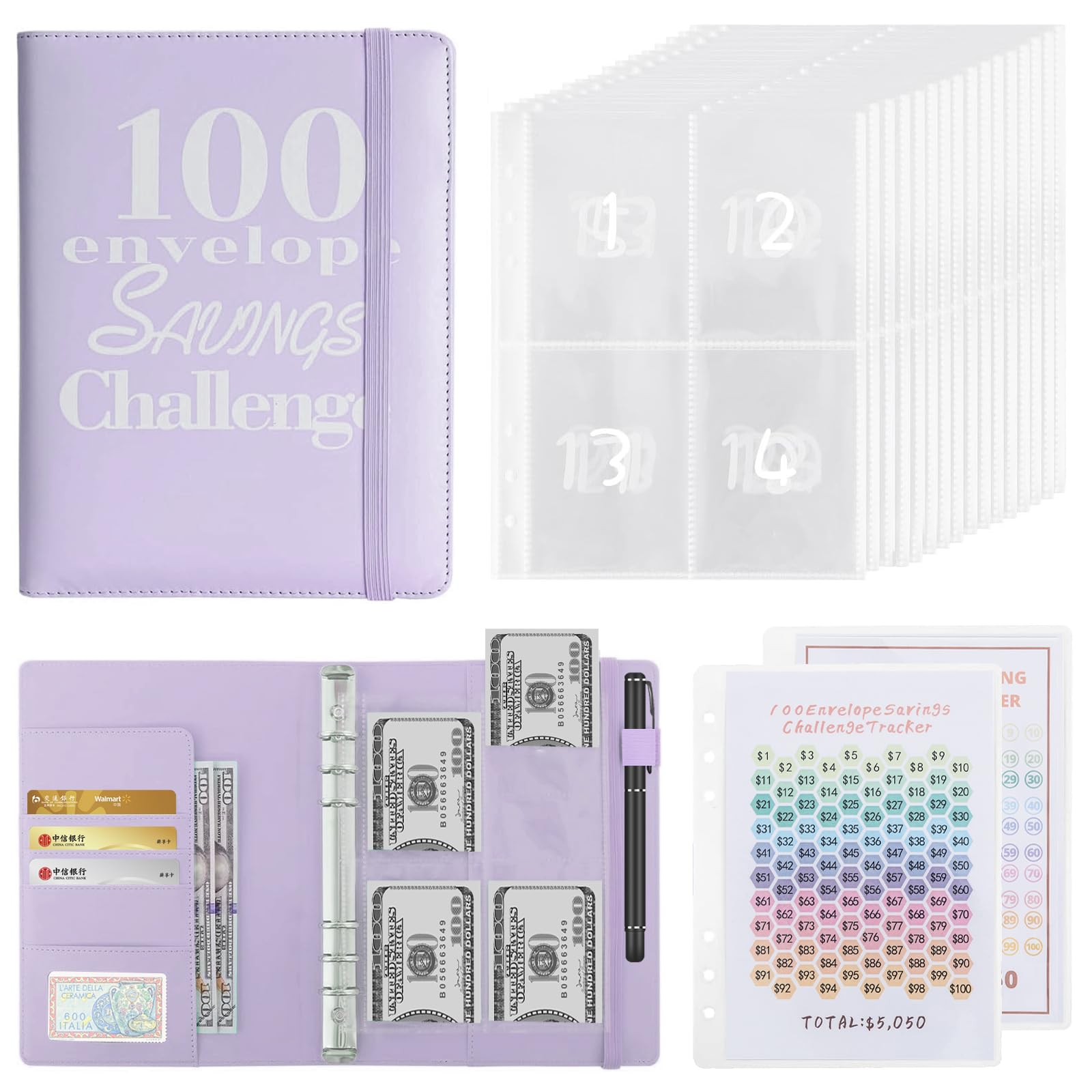 Photo 1 of JAMVOLO 2024 New Money Saving Challenge Binder with Elastic Strap, 100 Cash Envelopes Money Saving Budget Binder Planner, A5 Size Soft PU Cover Money Saving Book for Saveing Up $5,050 (Purple)