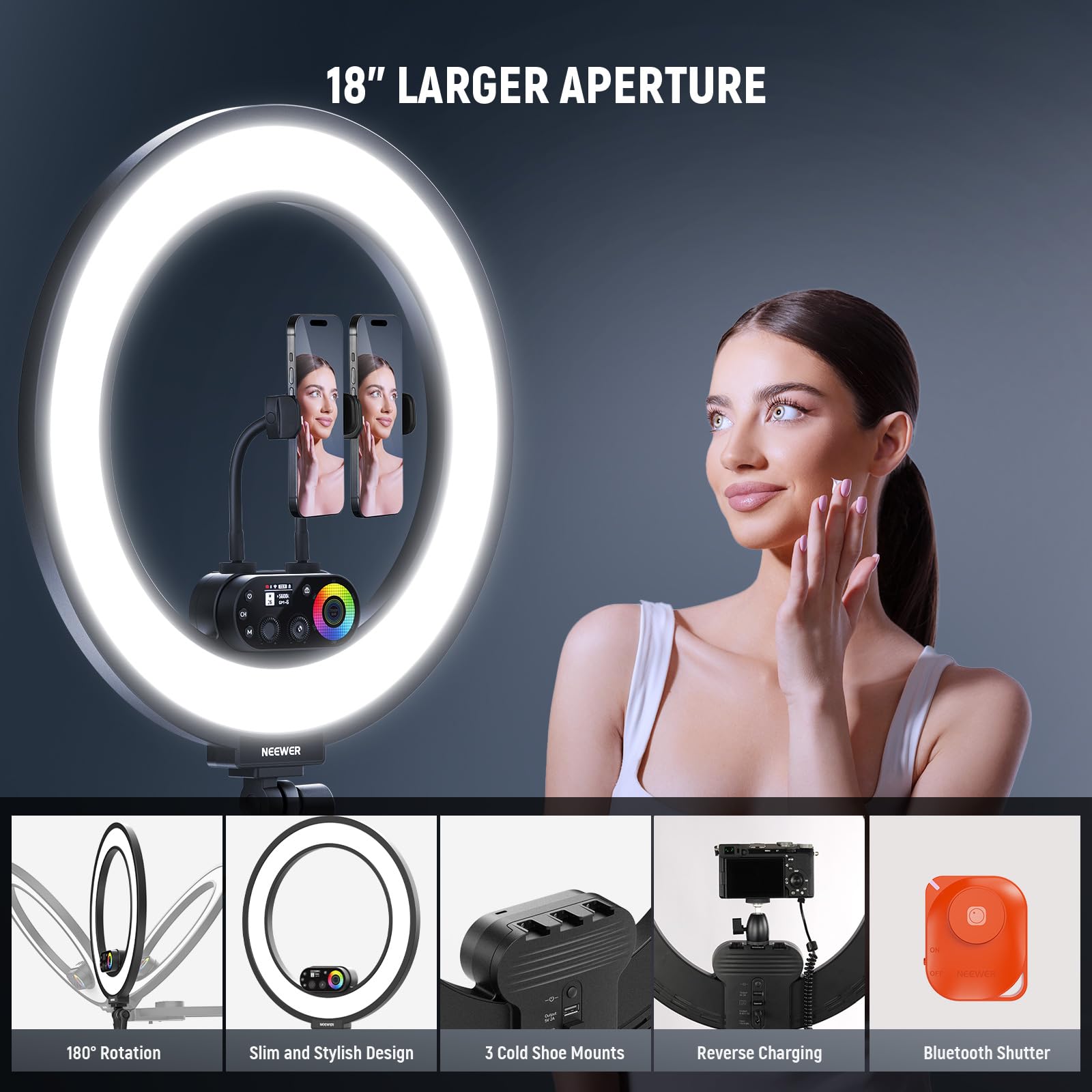 NEEWER Ring Light 18inch Kit: 55W 5600K Professional LED with Stand and Phone Holder, Soft Tube & Bag for Tattoo Lash Extension Barber Makeup Artist Studio Video Photography Lighting, RL-18: NEEWER RL45C 18" Edge Lit 45W RGB LED Ring Light with Phone Tripod Stand Remote CRI95+ 3100lux/0.5m 2500K–10000K 360° Full Colors App/2.4G Control Compatible with iPhone Selfie Makeup Video Recording