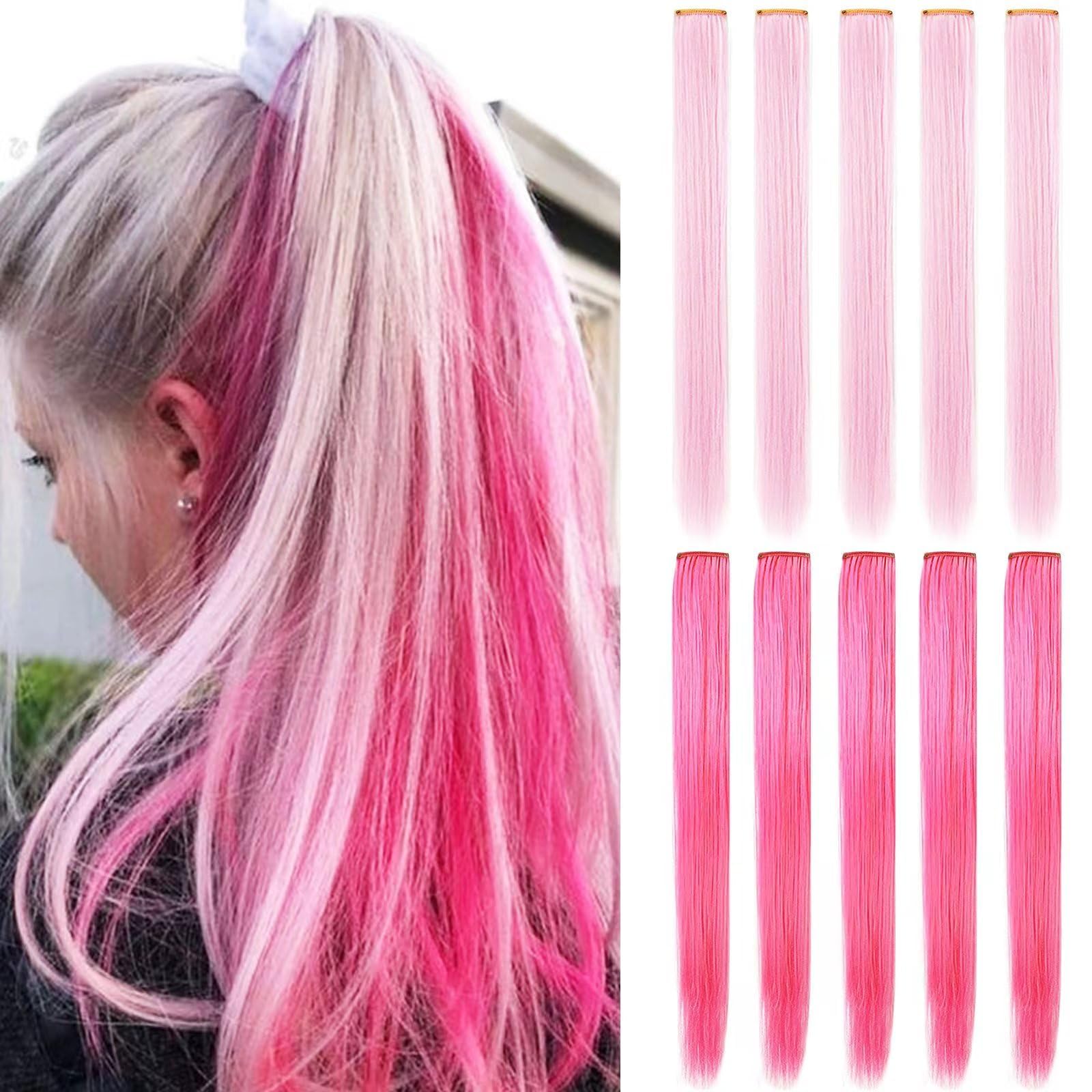 FYHTSD 10PCS 21''Light Pink&Pink Hair Accessories Clip In Multicoloured Party Highlights Straight Coloured Extensions Wig Pieces for Women Colourful