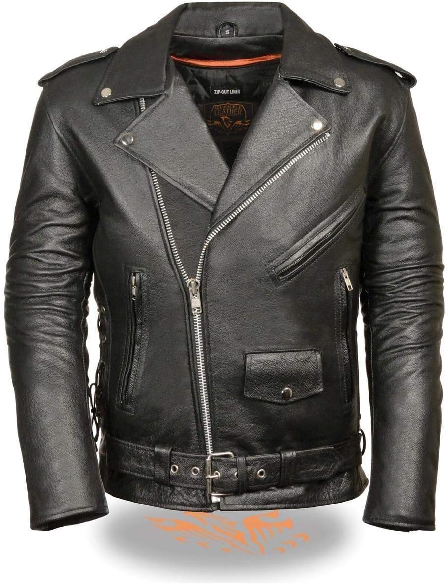 Milwaukee Leather-SH1011-Men's Classic Side Lace Police Style Motorcycle Jacket w/Half Belt
