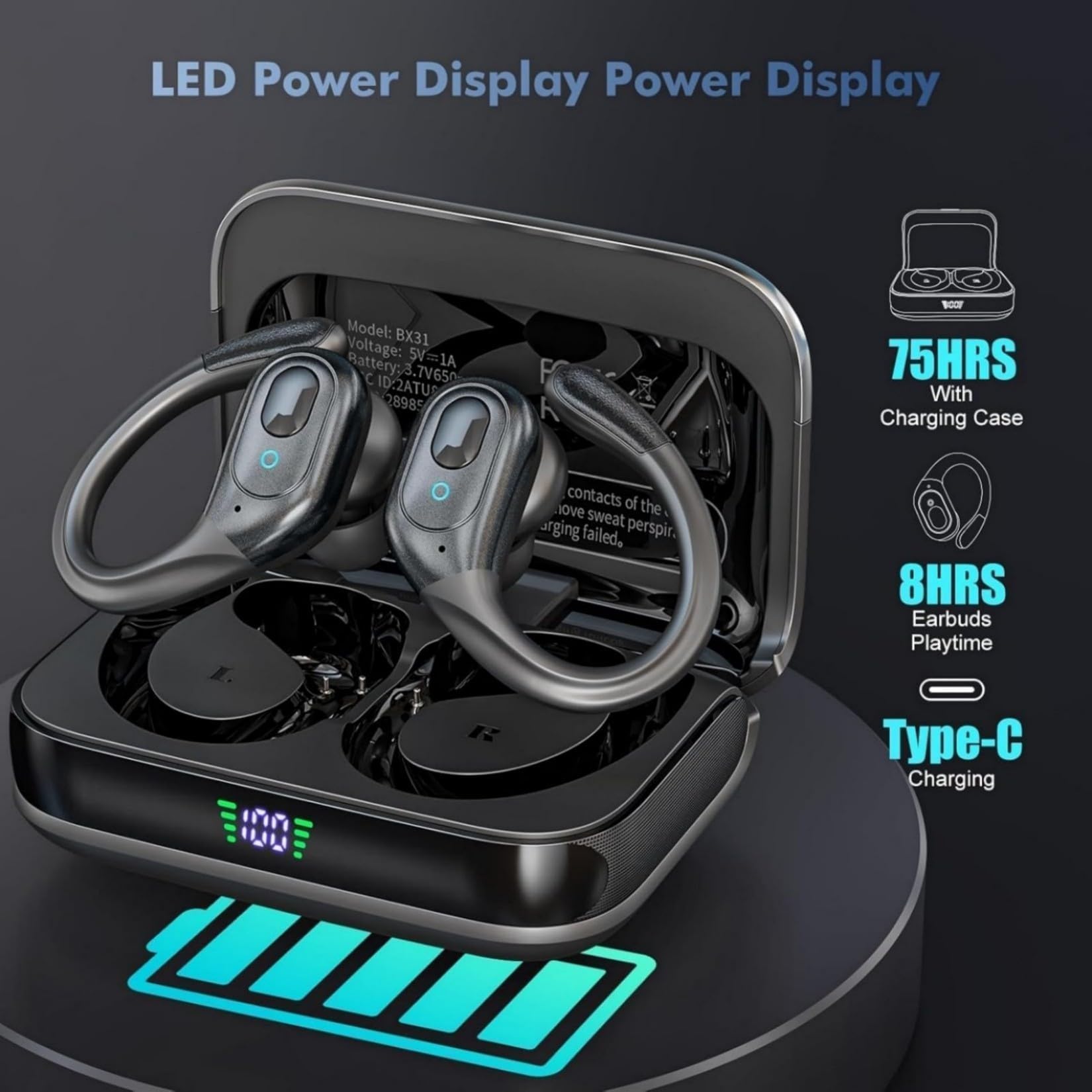 HAOYUYAN Auricolari wireless Bluetooth, auricolari sportivi con 75 ore di autonomia e indicatore di carica LED, cuffie con cancellazione del rumore, auricolari impermeabili IPX7 per allenamento/corsa