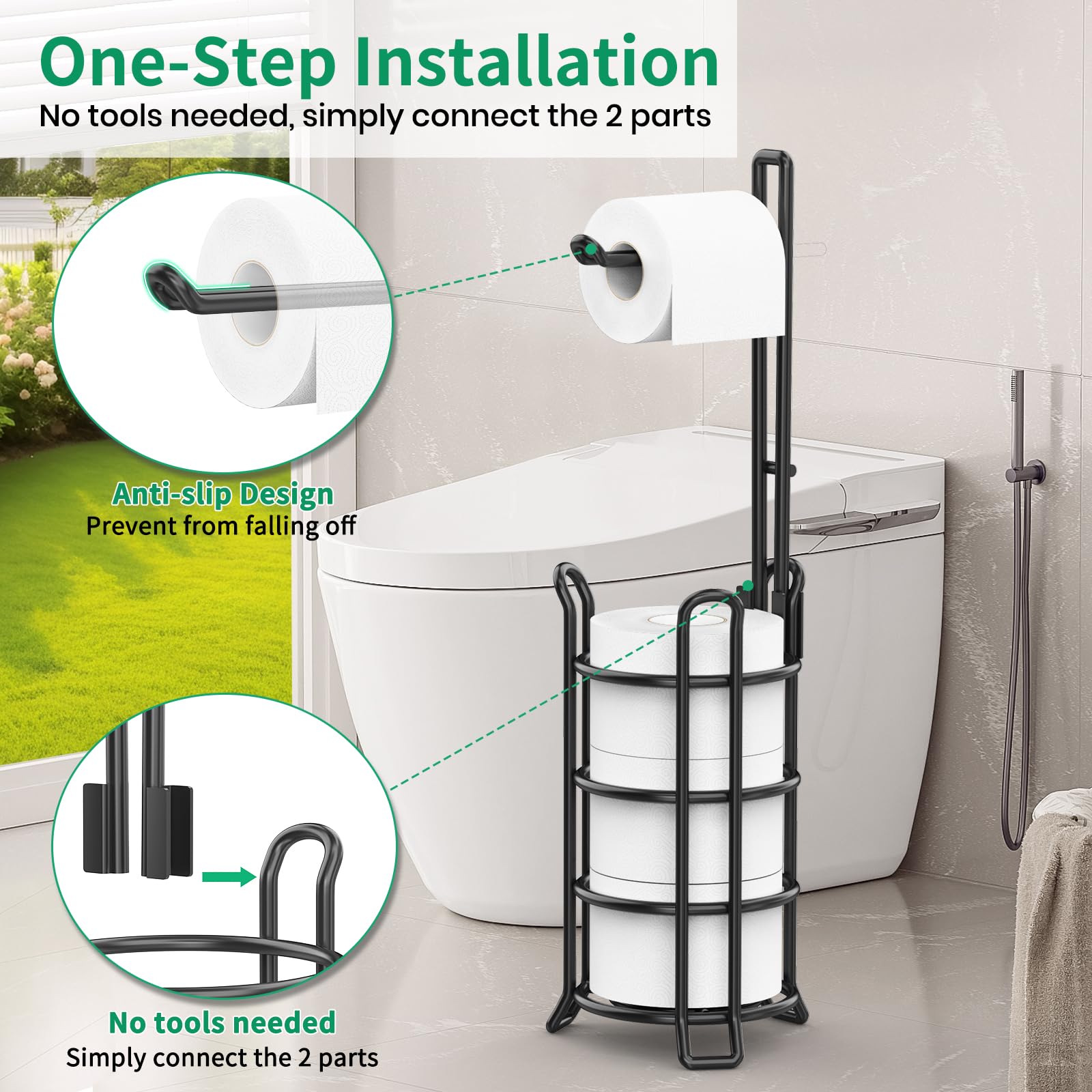 Soporte de pie para papel higiénico, dispensador para 3 rollos adicionales de papel higiénico, de alambre de metal, estante de almacenamiento para rollos de papel higiénico, accesorios organizadores para baño, negro 2