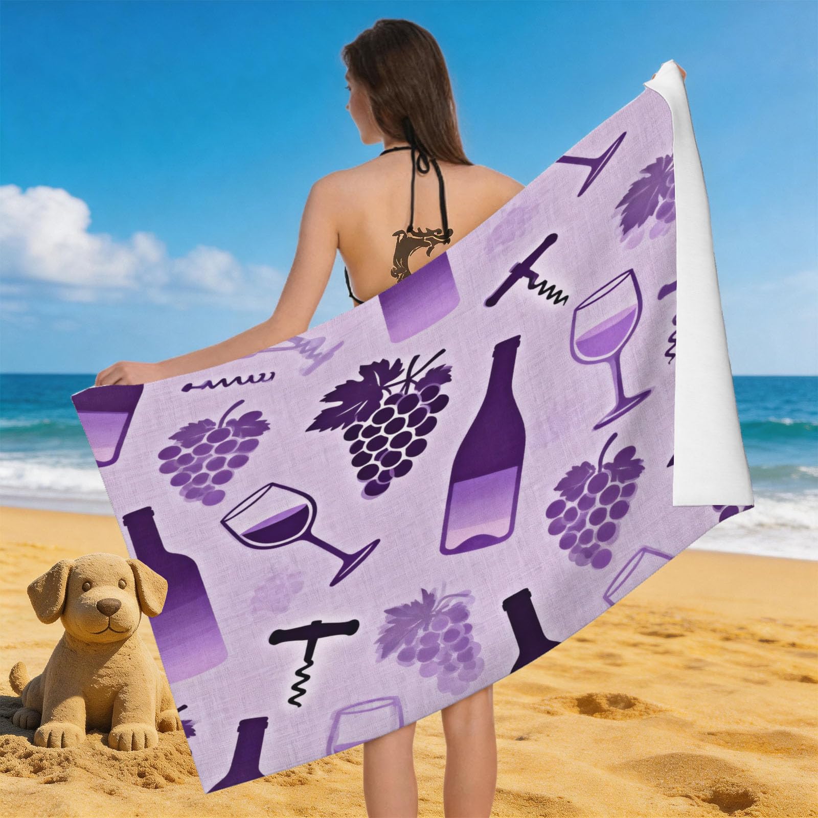 Leichong 3D Wine Beach Towel Microfiber Soft Quick Dry for Adults, Minimalistic Bath Towel Lightweight Soft Absorbent for Travel Swimming Pool Sports, 75 x 150 cm