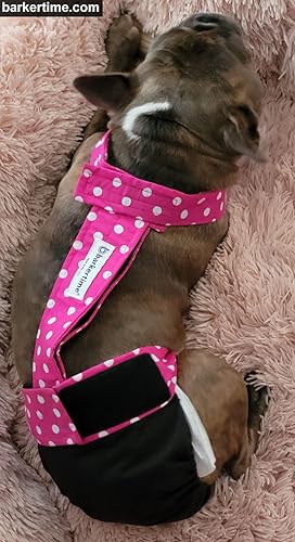 Miniatura 7 de Pañal para perro de alta calidad, impermeable, a prueba de escapes, con lunares rosados sobre negro, talla M, sin agujero para la cola, fabricado en