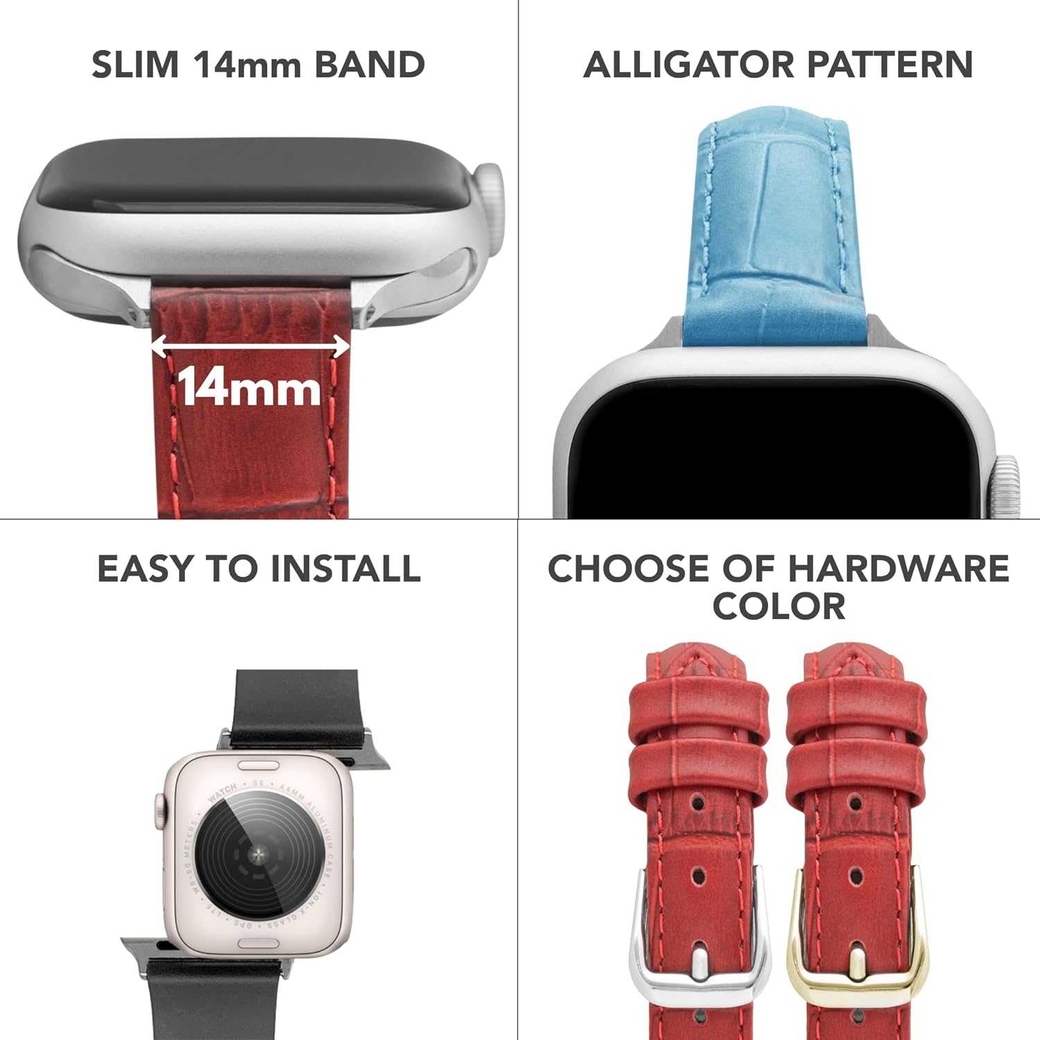 Bandini Slim Womens Leather Band for Apple Watch - Womens Alligator Pattern Leather iWatch Band For Apple Watch 46mm 45mm 44mm 42mm 41mm 40mm 38mm 49mm Ultra 3 2 1, SE1 to SE3, Series 1 to 11 - Image 2