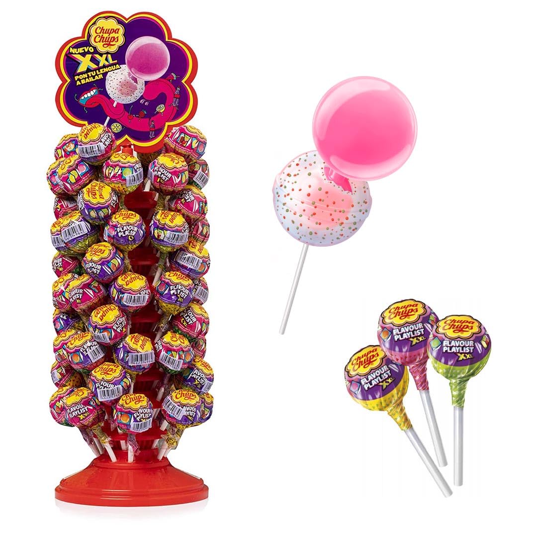 Chupa Chups XXL, Flavour Playlist Caramelo relleno de Chicle con Palo de Sabores Variados, Display de 60 unidades de 29gr. Ichuches