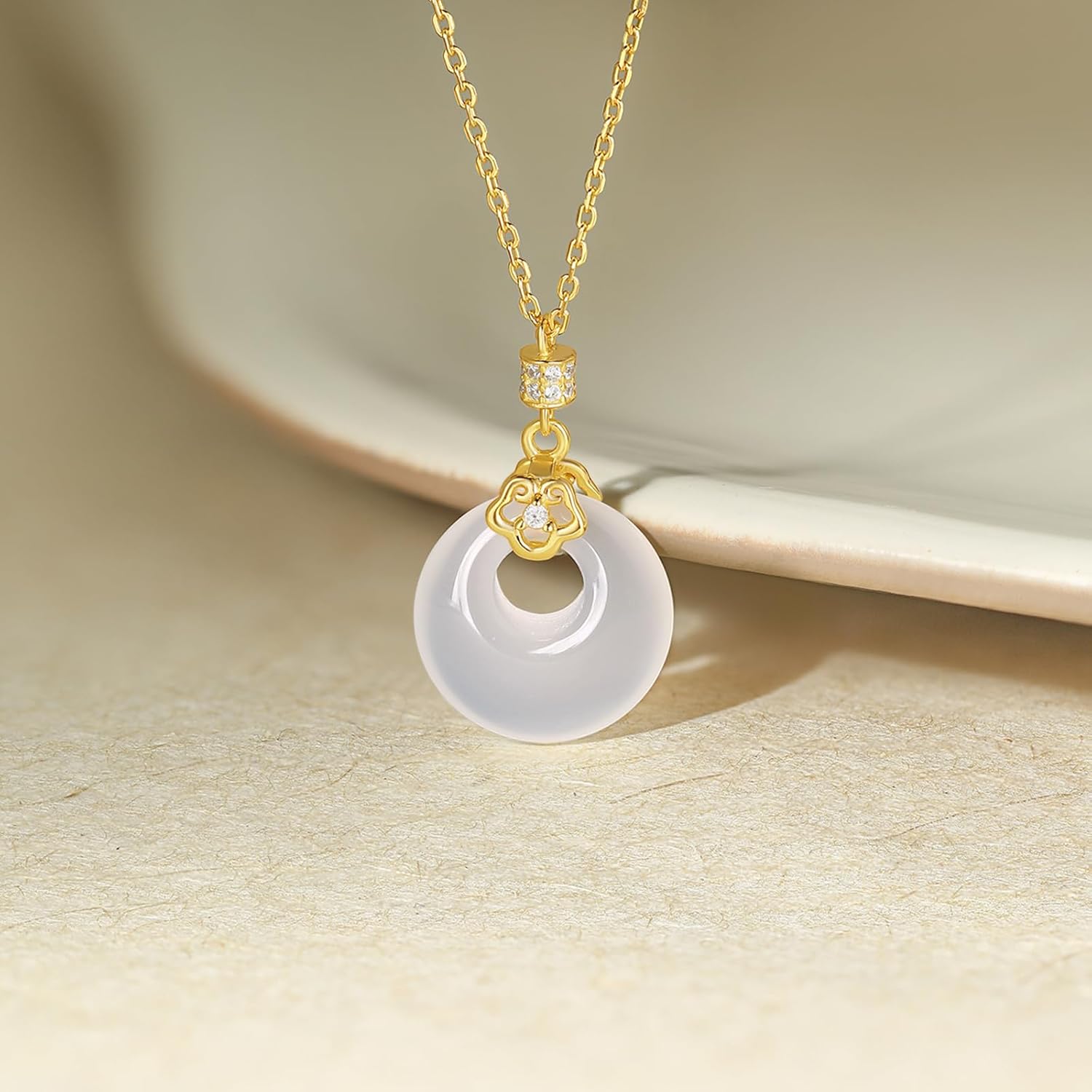 Sterling Silver Pendant Necklace White Chalcedony Peace Buckle Blessing Necklace Cubic Zircon Necklace for Women Mom Lover Birthday Aniversary 15.7-17.7Inch/40+5cm - Image 3