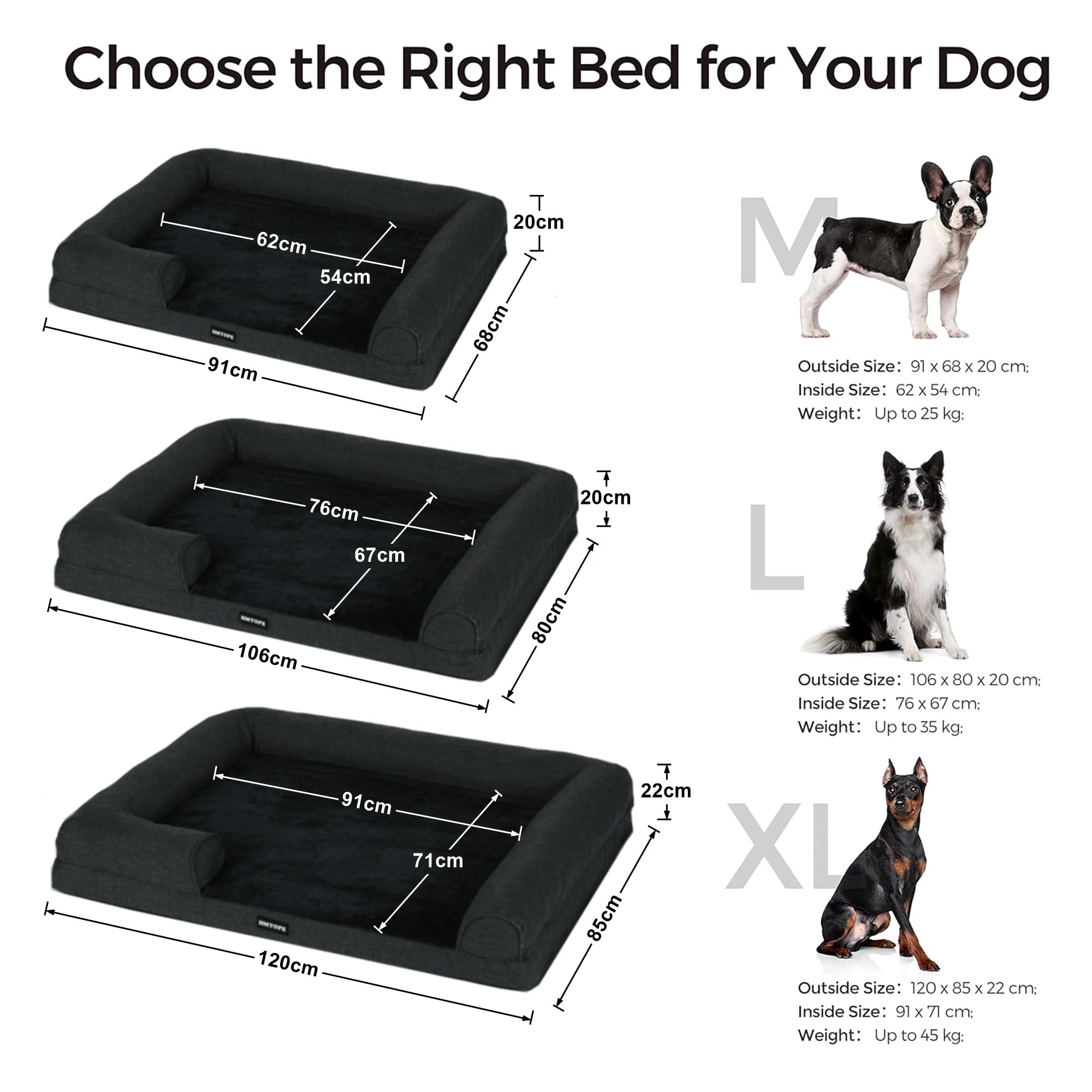 HMTOPE Orthopädisches Hundebett, Hundesofa, hohen Rand, Hundekissen, Hundekorb, Abnehmbar und waschbar, Grosse Hunde & MittelgroßeHunde, Schwarzgrau, 106cm