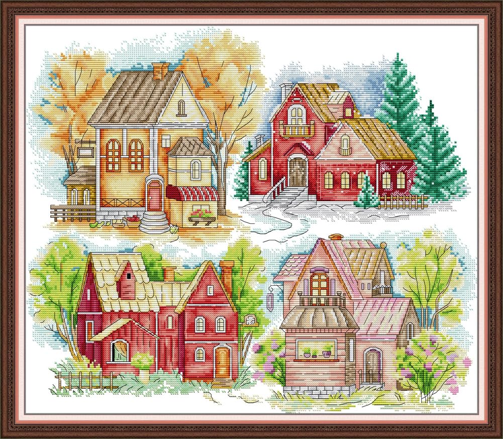 CaptainCrafts Cross Stitch Kits, Counted Cross Stitch Unpreprinted Fabric DIY Art Embroidery Kits Needlework Crafts (Unpreprinted 14CT, Four Seasons Color Cabin) — image 1