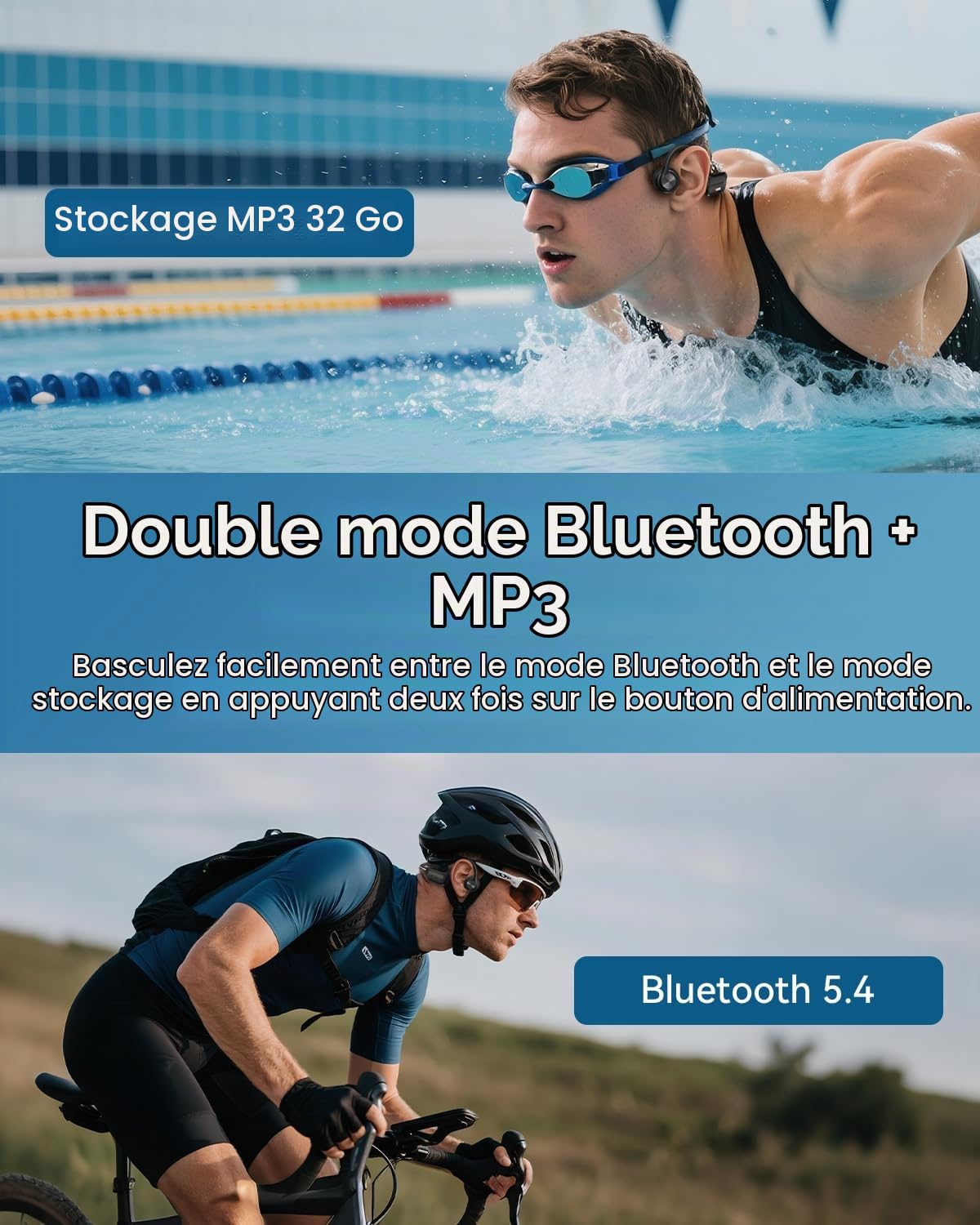 Wantek Casque Conduction Osseuse, Écouteur Natation À Bluetooth 5.4, mémoire 32 Go intégrée, Lecteur MP3 Étanche IPX8, 10 Heures de Jeu, Ecouteur Natation sans Fil, Casque Sport pour la Natation