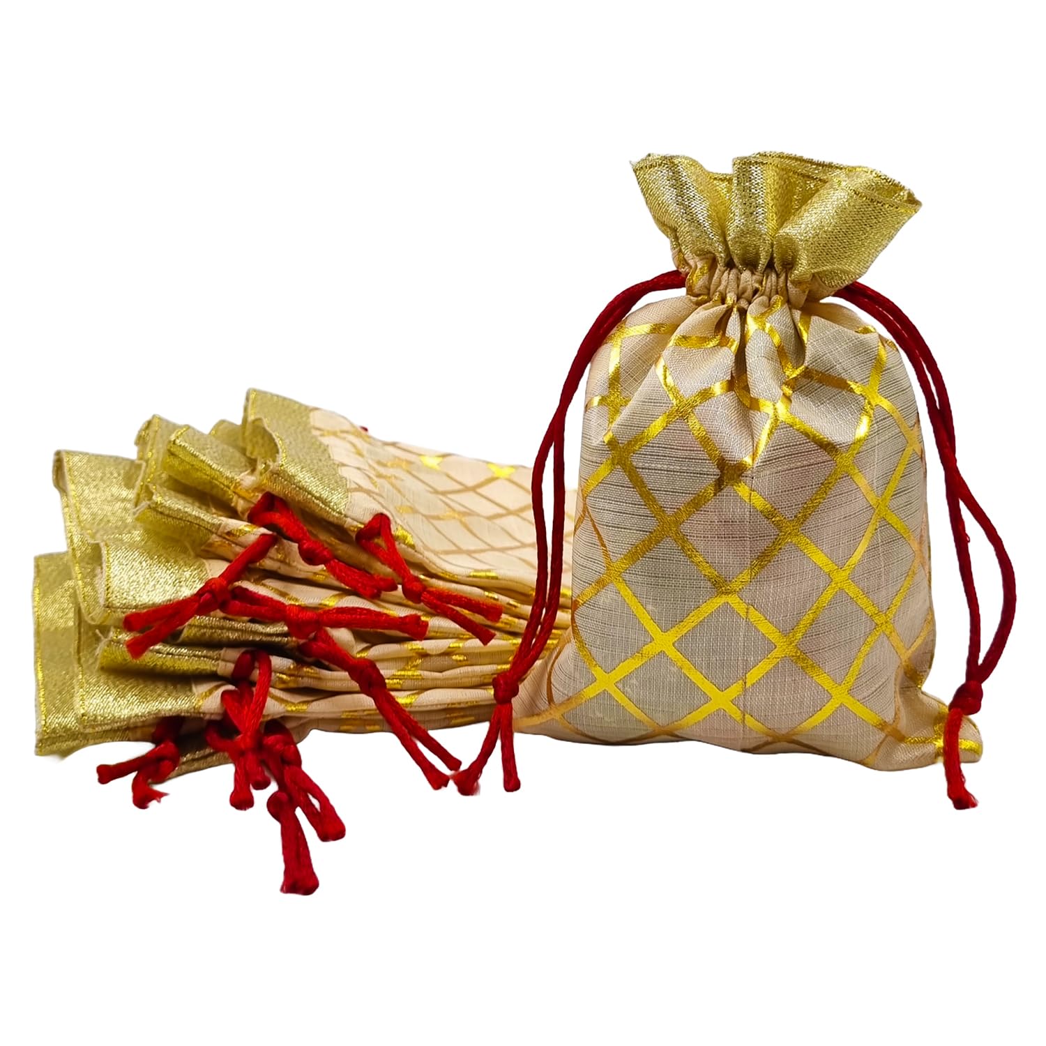 Soul Artisan Potli Bags(Sandal-Cross Checked) with Golden Border for Women, Return Gifts, Wedding, Baby Shower, Bridal Party, Haldi Functions, Dry Fruit and Jewelry Packaging Size 18X23 cm| Pack of 10 (B0D988X61S) Amazon Price History, Amazon Price Tracker