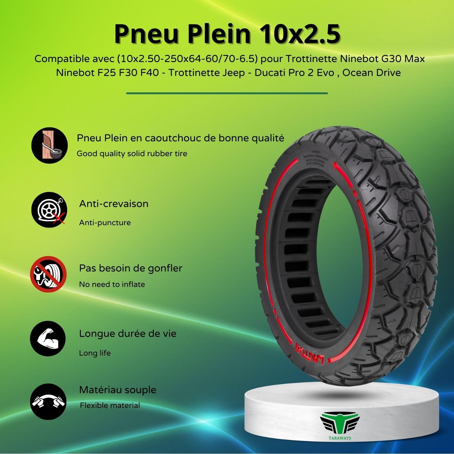 [M365Lyon] Pneumatico completo anti-foratura 10 x 2,5 per Ninebot G30 Max e F25 F30 F40 - Monopattino Jeep, Ducati Pro 2 Evo, Ocean Drive