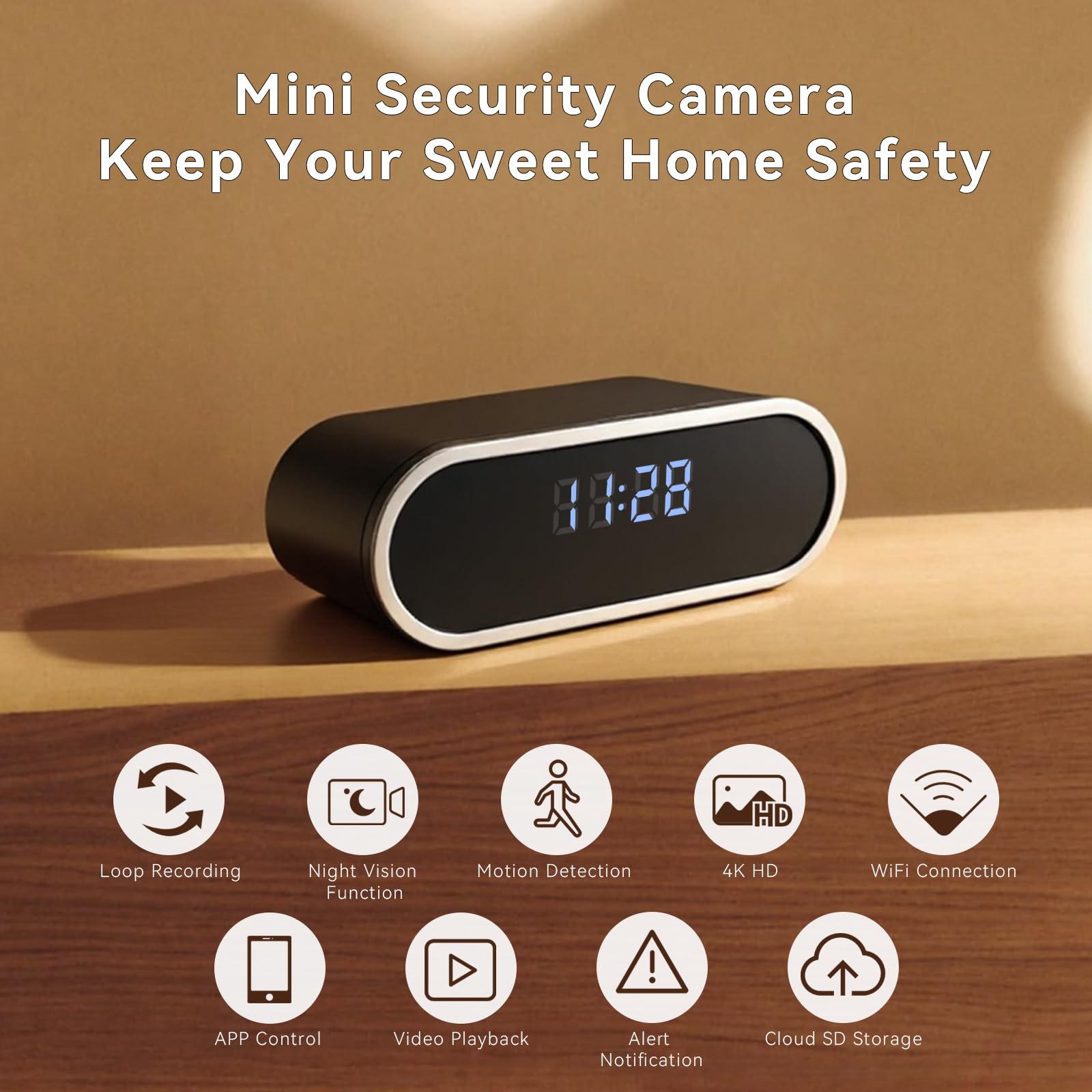 Condition photo showing New/Like New for wireless wifi security camera, nanny cam for home, indoor camera with clock with app control, ai motion detection, loop recording, night vision, local & cloud storage, easy to use