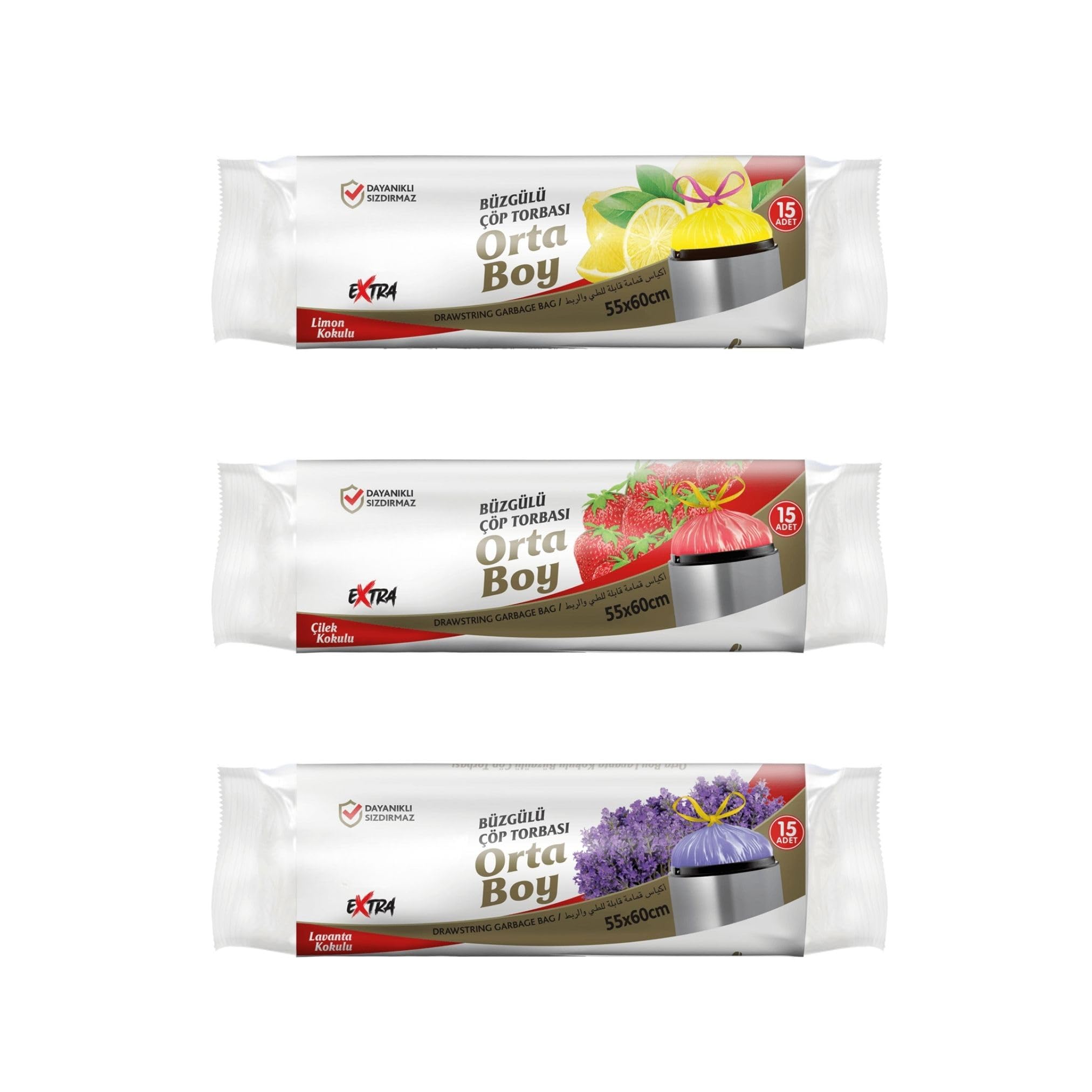 Extra Büzgülü Çöp Torbası, 55x60 cm, Lavanta-Çilek-Limon Kokulu, Sızdırmaz, 3'lü Paket, 15 Adet