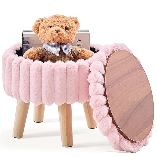 Wimarsbon Storage Ottoman, Faux Fur Footstool with Padded Seat, Multifunction Small Reading Chair with Tray, Round Footrest for Couch, Mini Coffee Table or Display Stand (Pink, Round Storage) - Pink - Round Storage