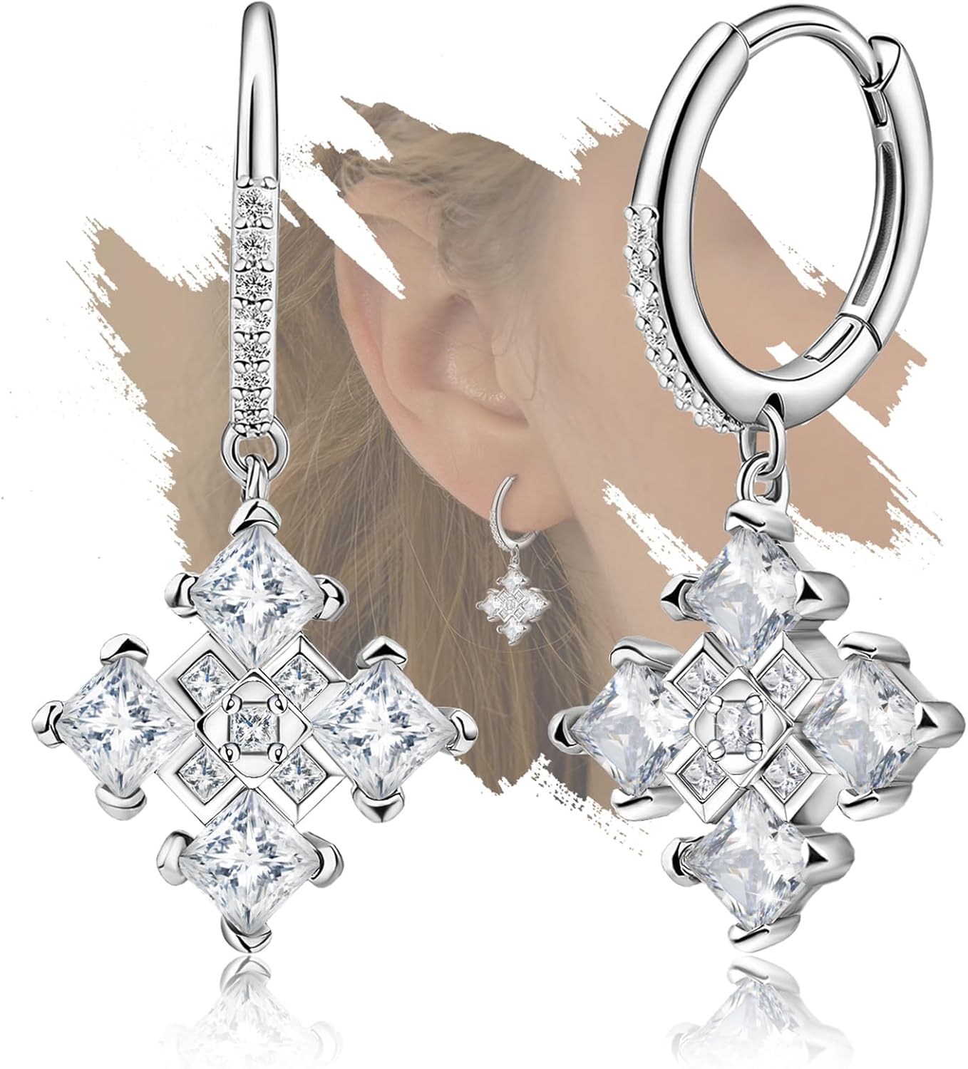 Sterling Silver Trendy Cross Dangle Hoop Earrings Dainty Huggie Hoop Fashion CZ Earring White Gold Plated Hypoallergenic Jewelry for Sensitive Ears Birthday Gift for Women