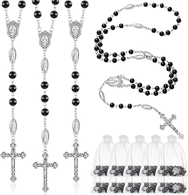 ROCEEI Rosary Necklace Black Catholic Rosary Beads Prayer Rosaries with Organza Bag for First Communion Baptism Gift