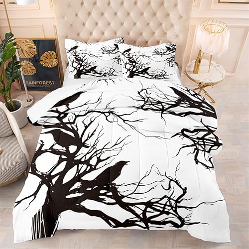 Juego de edredón de cuervo de terror de Halloween, 3 piezas, tamaño Queen, ramas de acuarela, ramas, cuervos negros, árbol muerto viejo, 1 edredón y