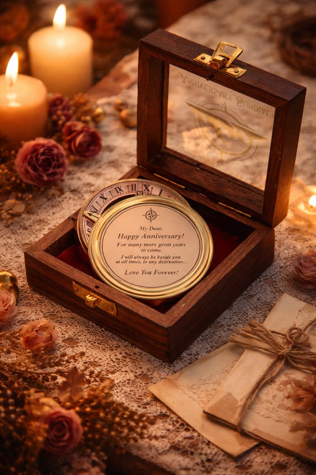 Anniversary Sundial Compass Gift for Him or Her - Keepsake for Husband, Wife or Couple, Men Wedding Anniversary 50th 40th 25th 20th Year Love Celebration. (Anniversary Sundial - Wooden Box)