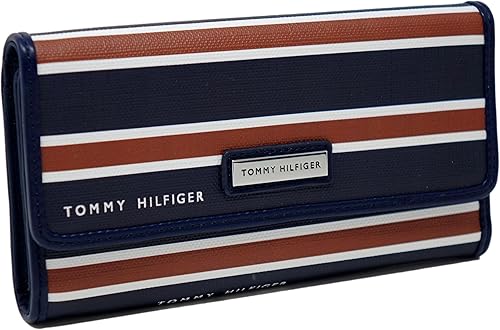 Tommy Hilfiger Bolso de mano para mujer, color azul marino, marrón y blanco, a rayas, con logotipo, chequera, cartera, Azul marino, Cartera de