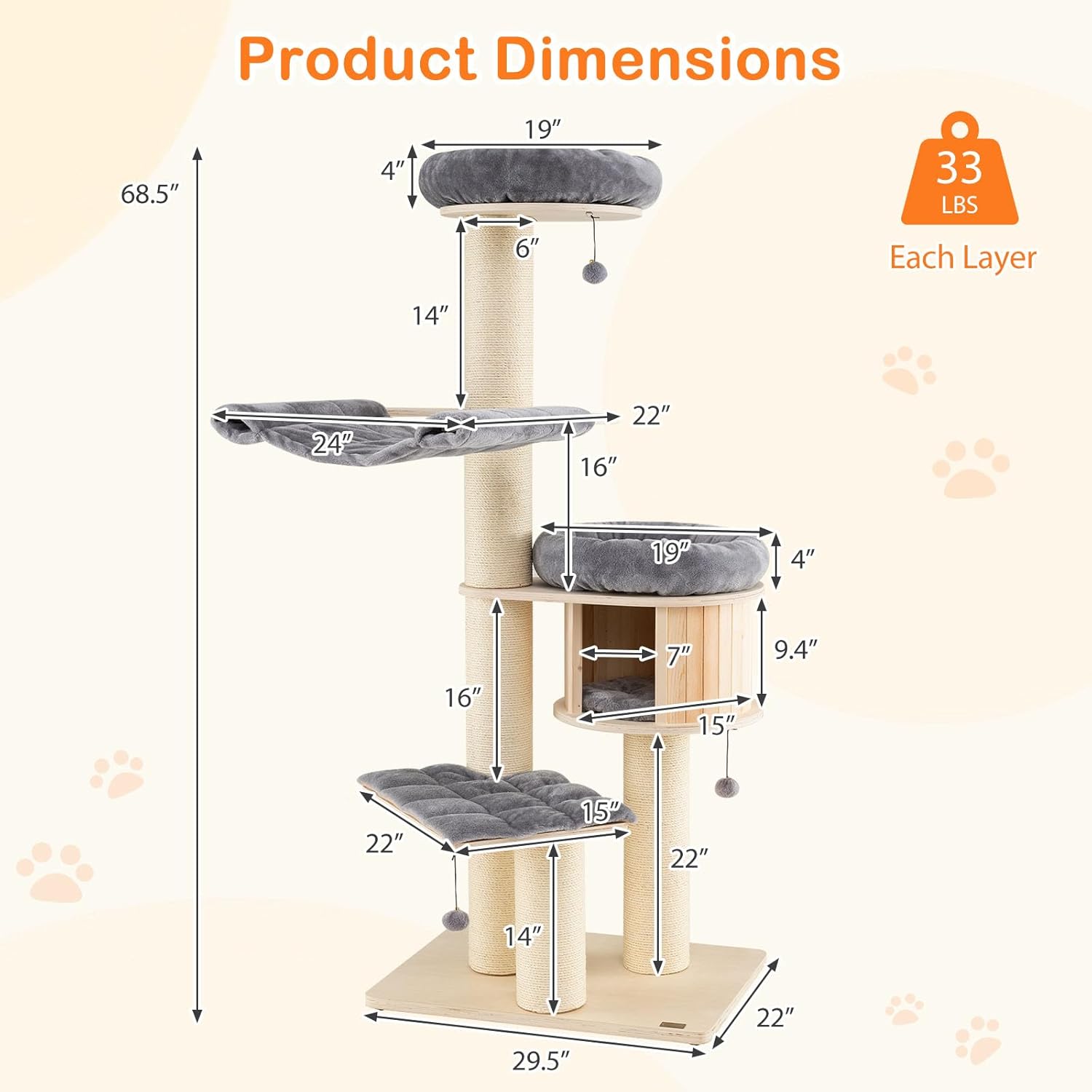 Tangkula Modern Cat Tree, Multi-Level Large Cat Tower with Condo, Hammocks & Hanging Basket, Tall Cat Tree with Sisal Posts, Washable Cushions, Wood Cat Trees and Towers for Indoor Large Cats