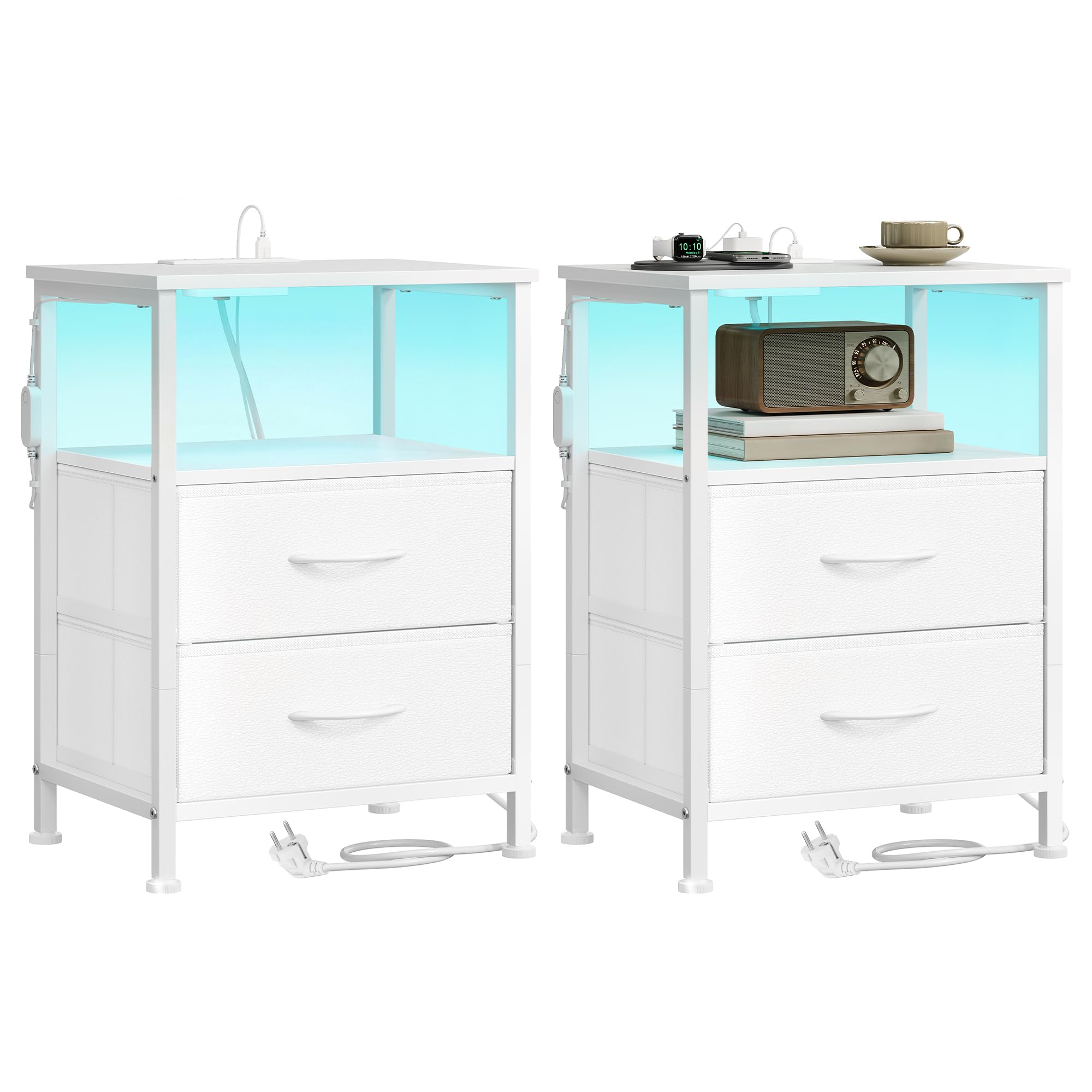 SONGMICS BELLAH Collezione - Comodino con Prese, Tavolino con LED Regolabile Controllato da APP, 1 Ripiano, 2 Cassetti, Camera da Letto, Moderno, Set di 2, Bianco Nuvola e Bianco Neve LGS202W102