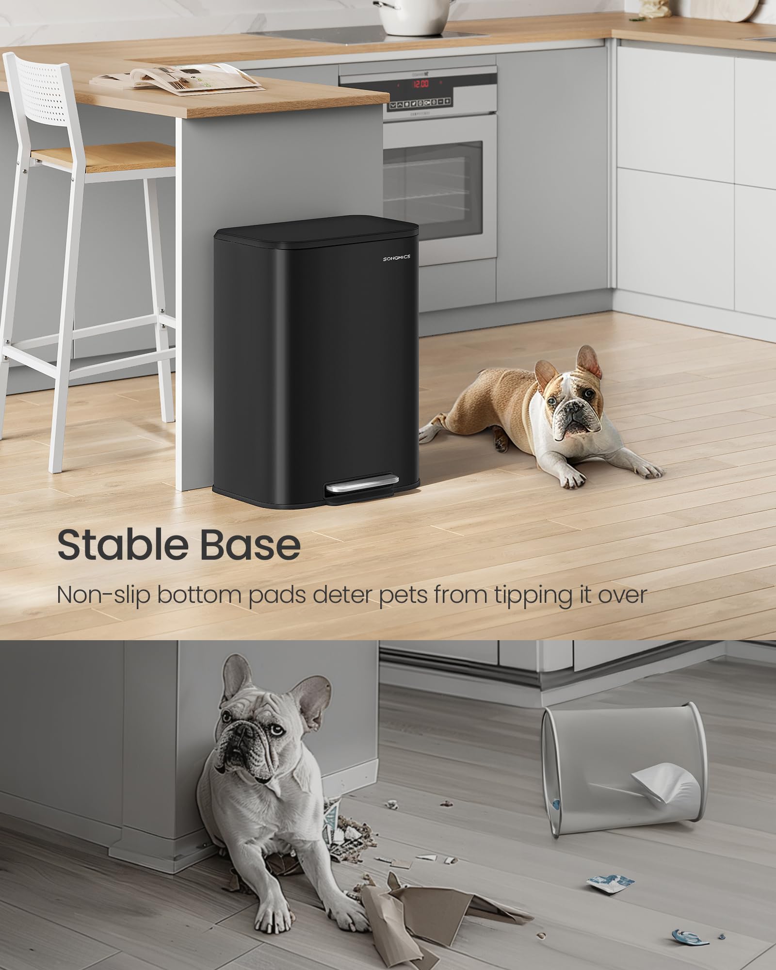 SONGMICS Bote de basura de cocina, cubo de basura de 13 galones con tapa, acero inoxidable, cierre suave y se mantiene abierto, cubo interior, pedal ancho antideslizante, tinta negra ULTB547B01