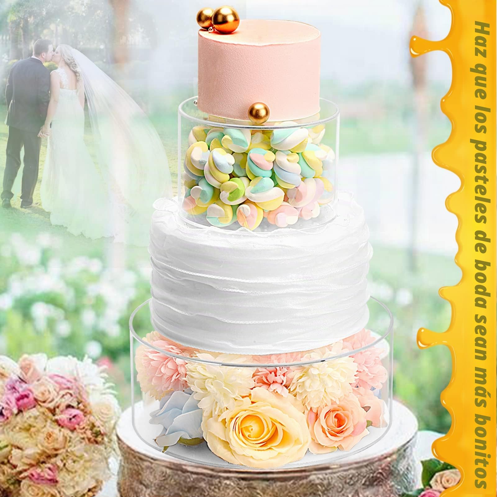 2pcs Soporte Acrílico Rellenable para Tartas,Caja Cilíndrica Redonda,Centro de Mesa Decorativo para Bodas y Fiestas de Cumpleaños (15x10cm, 25x10cm)