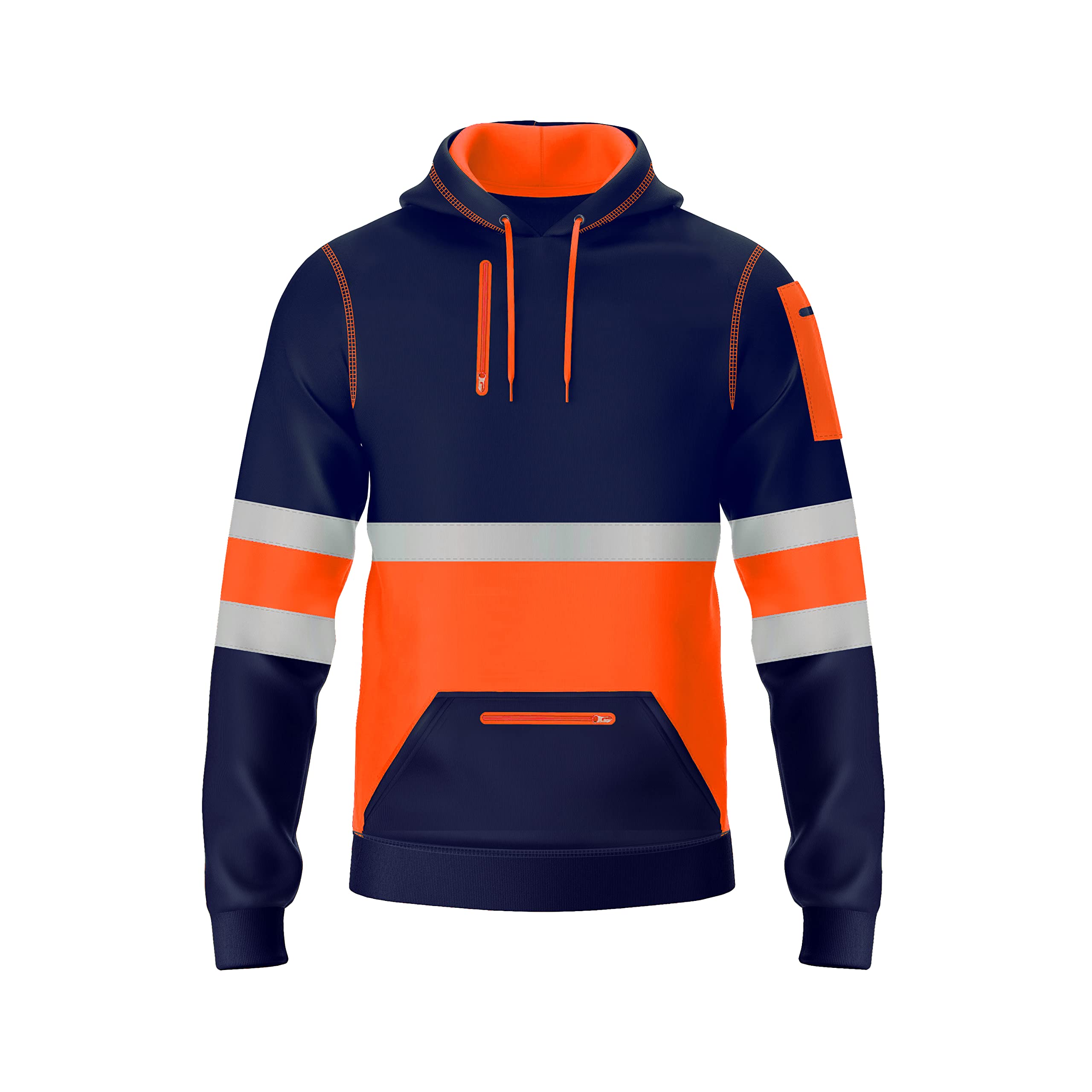 trending babz Mens Hi Viz Visibility Safety Reflective Tape Pullover Fleece Hoodie 3 Zipper Pockets Contrast Sweatshirt Work Wear Hoodie S-2XL