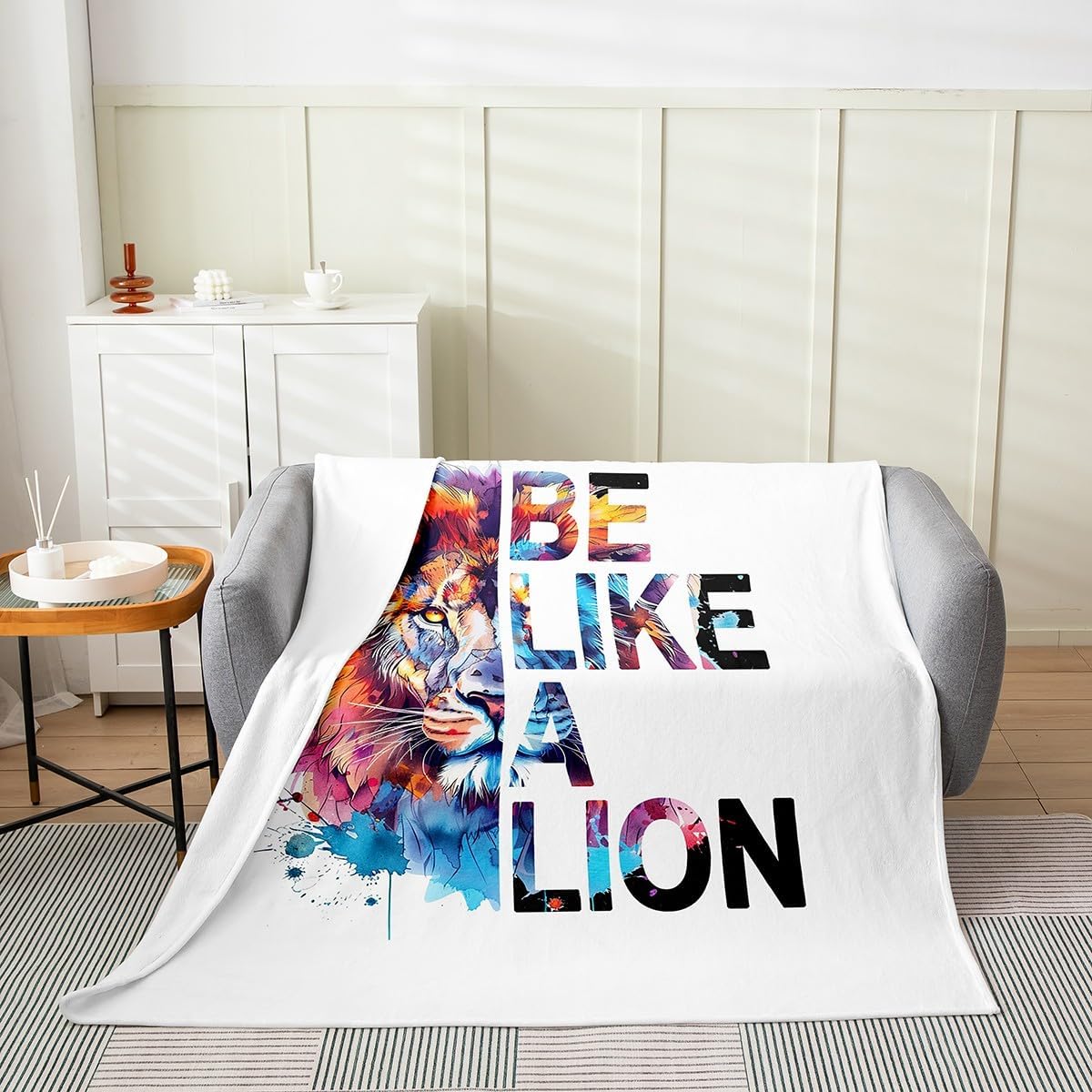 Watercolor Lion Fleece Blanket,African Wildlife Boho Tie Dye Paint Bed Blanket for Kids Teens,Natural Animal Lion Silhouette Black Flannel Blanket for Room Decor,Queen 90"x90"