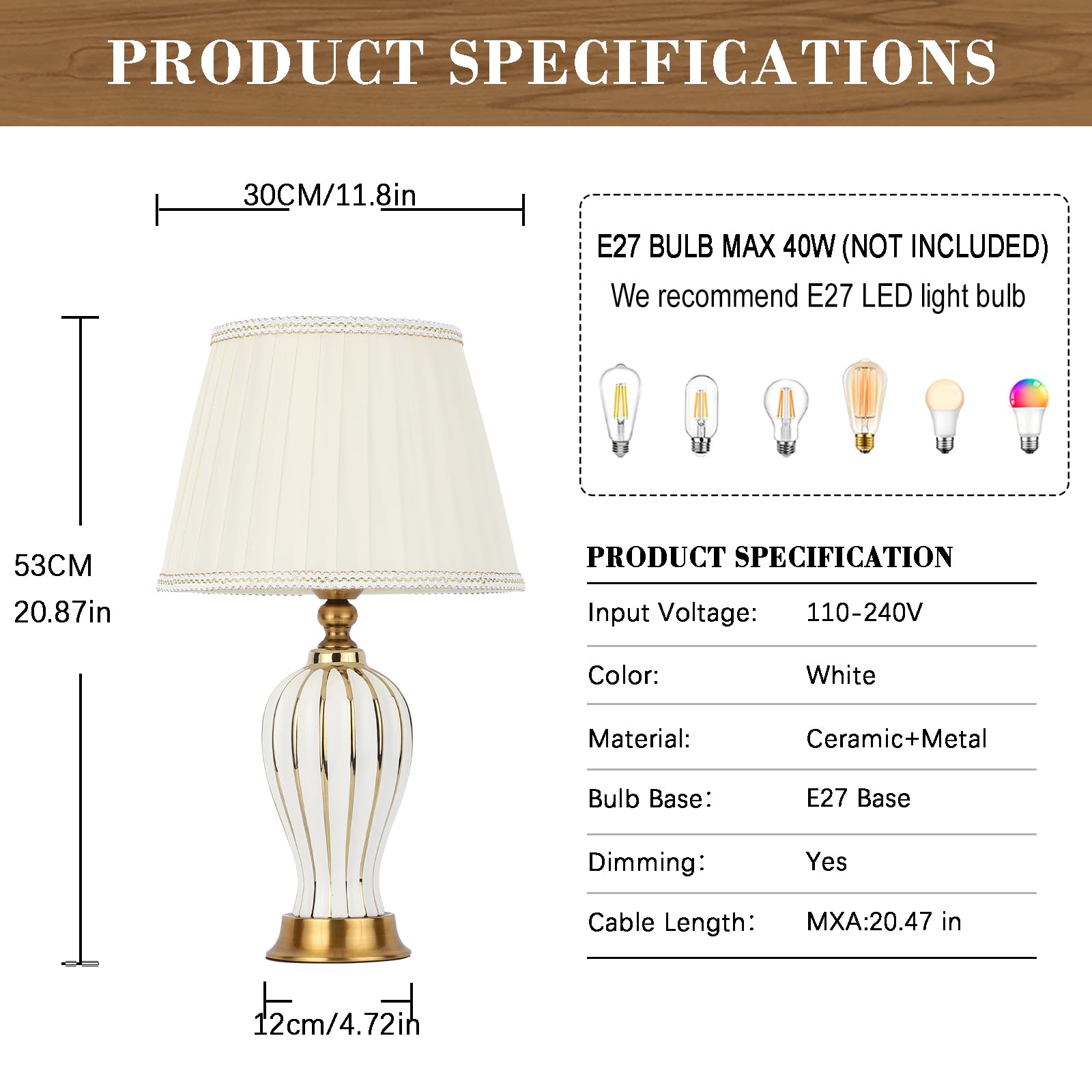 LáMpara De Mesa Moderna E27 LáMpara Nocturna De CeráMica Retro LáMpara De Mesa De Tela Blanca IluminacióN Decorativa De La Sala De Estar Dormitorio Estudio Lectura LáMpara De Cabecera (Blanca)