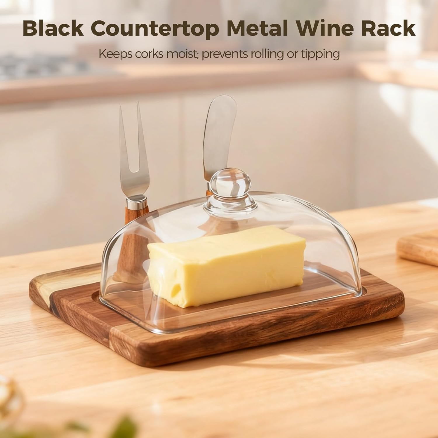 Butter Keeper, Acacia Wood Butter Dish with Glass Lid, Includes Knife and Fork, 7.9 X 6.89 X 4.72 in, Brown