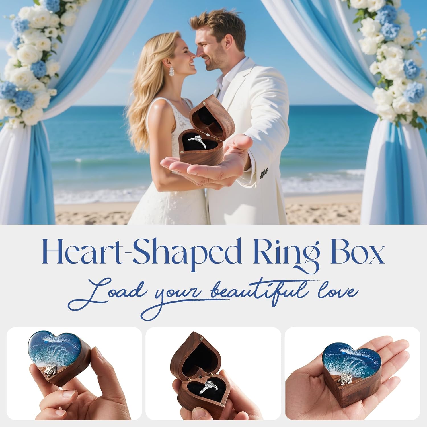 Ocean Resin Heart Engagement Ring Box, Personalized Walnut Wooden Ring Box, Birthday Gifts for Women, Ring Display box for Proposal, Wedding, Anniversary, Valentine's Day, Christmas Gifts - Image 7