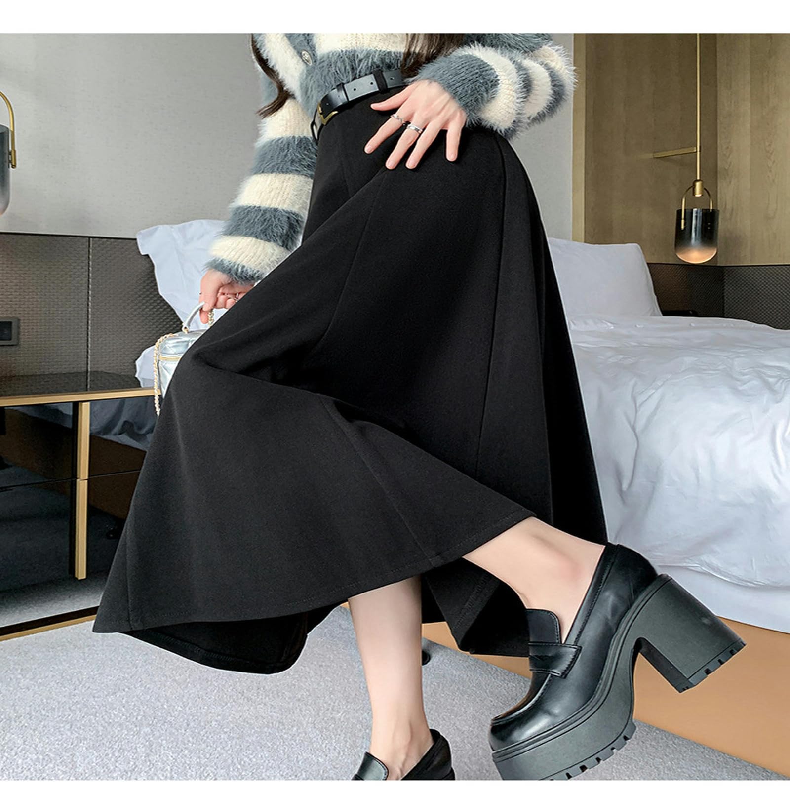 Gonna Lunga Donna Gonna Elegante Calda A Righe A Vita Alta Casual Party A-Line Vita Elastica Gonna Lunga Marrone, Nero con Cintura-Colore caffè-m
