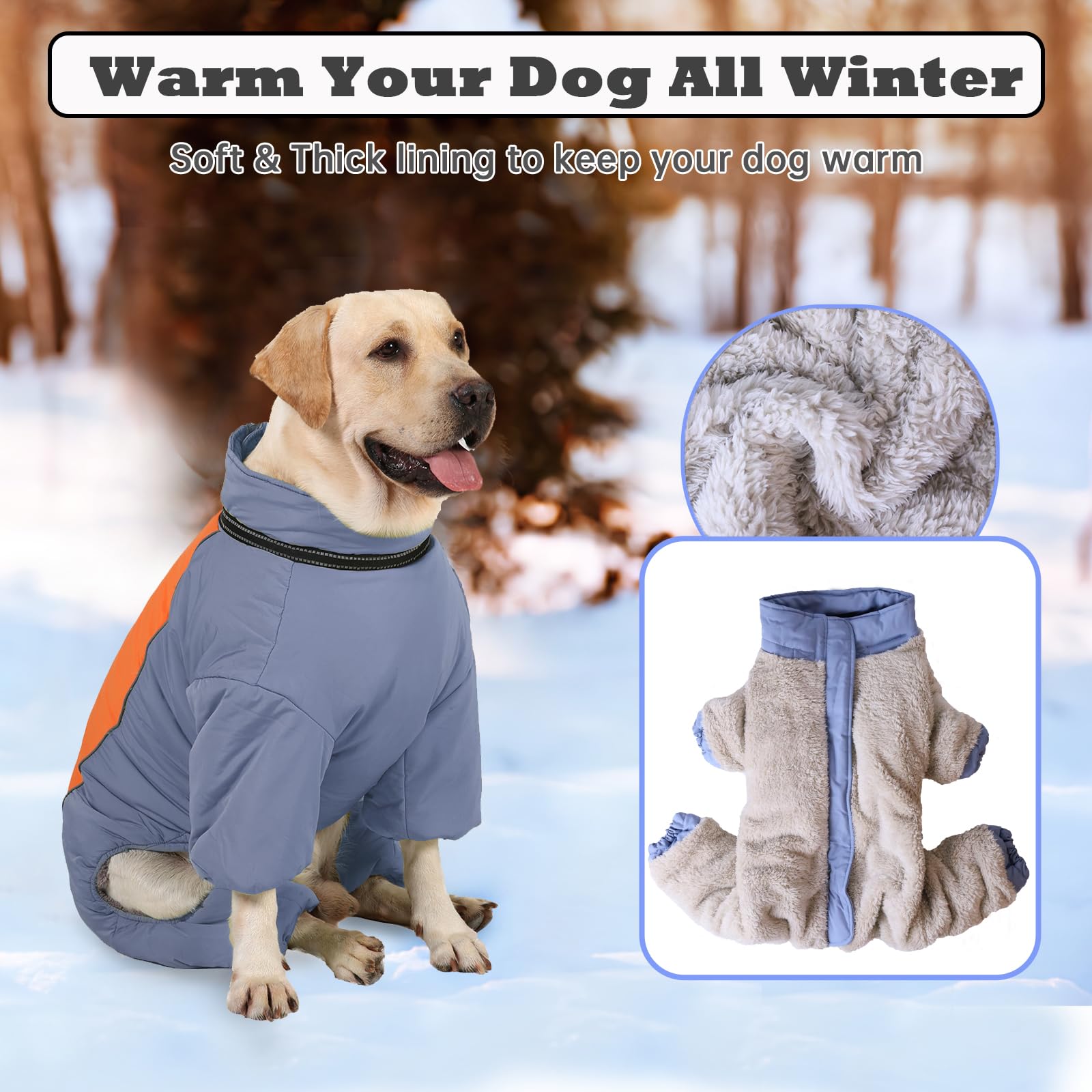 Toasty - Abrigo cálido de cuerpo completo para perros, chaquetas de nieve reflectantes resistentes al viento para perro, con cremallera, forro grueso y anillo para correa, azul neblina, 16