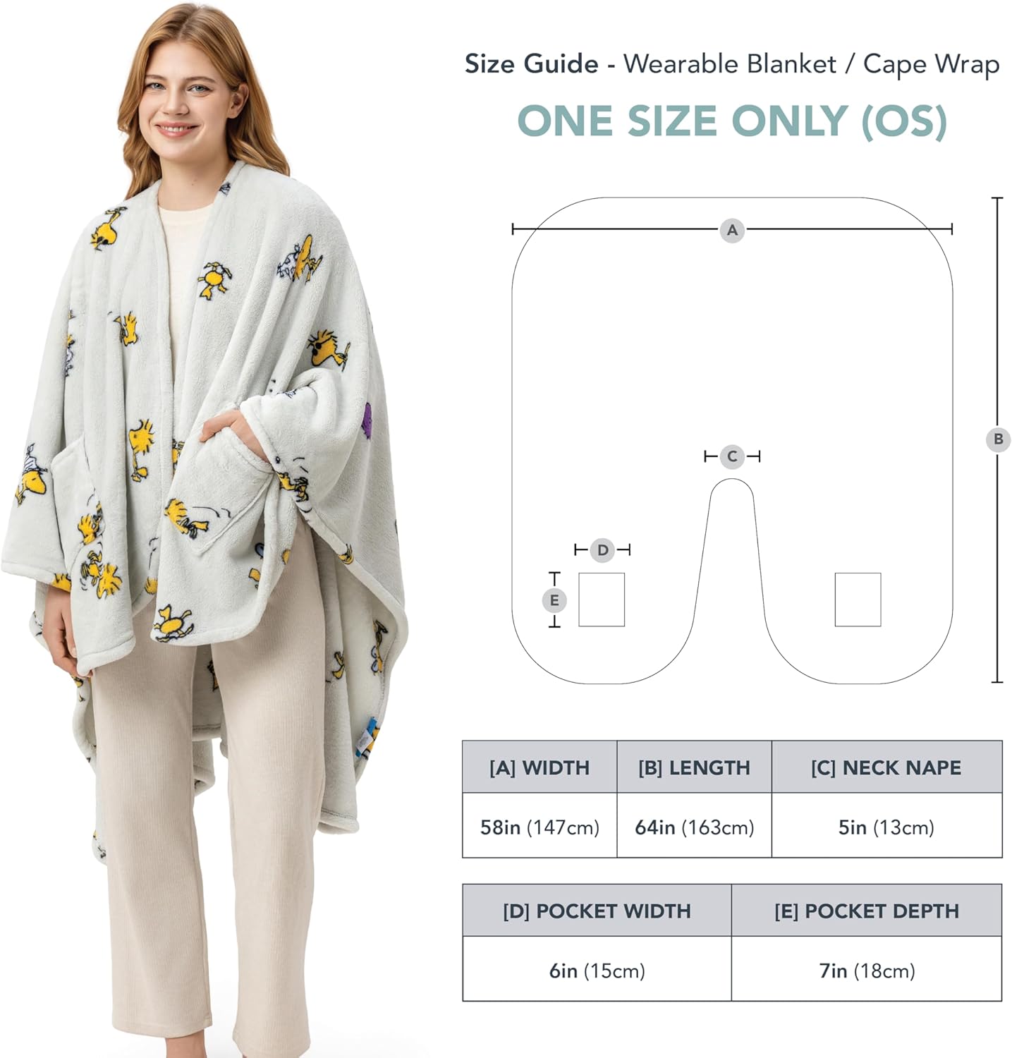 Berkshire Peanuts® Wearable Throw – Snoopy Print PrimaLush™ Plush Shawl Blanket, 58" x 64"