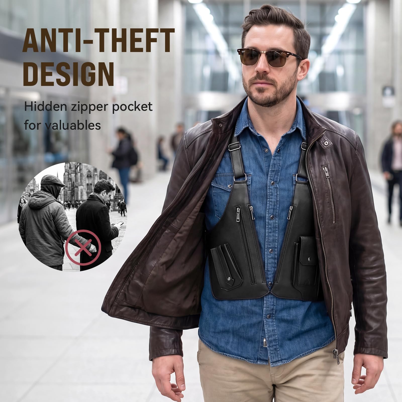 Große Doppel-Schulter-Achseltasche für Herren 2026, verbesserte Anti-Diebstahl-Unterarm-Holstertasche, Vintage-PU-Leder, verdeckte Umhängetasche, Handy-Tasche für Reisen, Outdoor, Radfahren, Arbeit