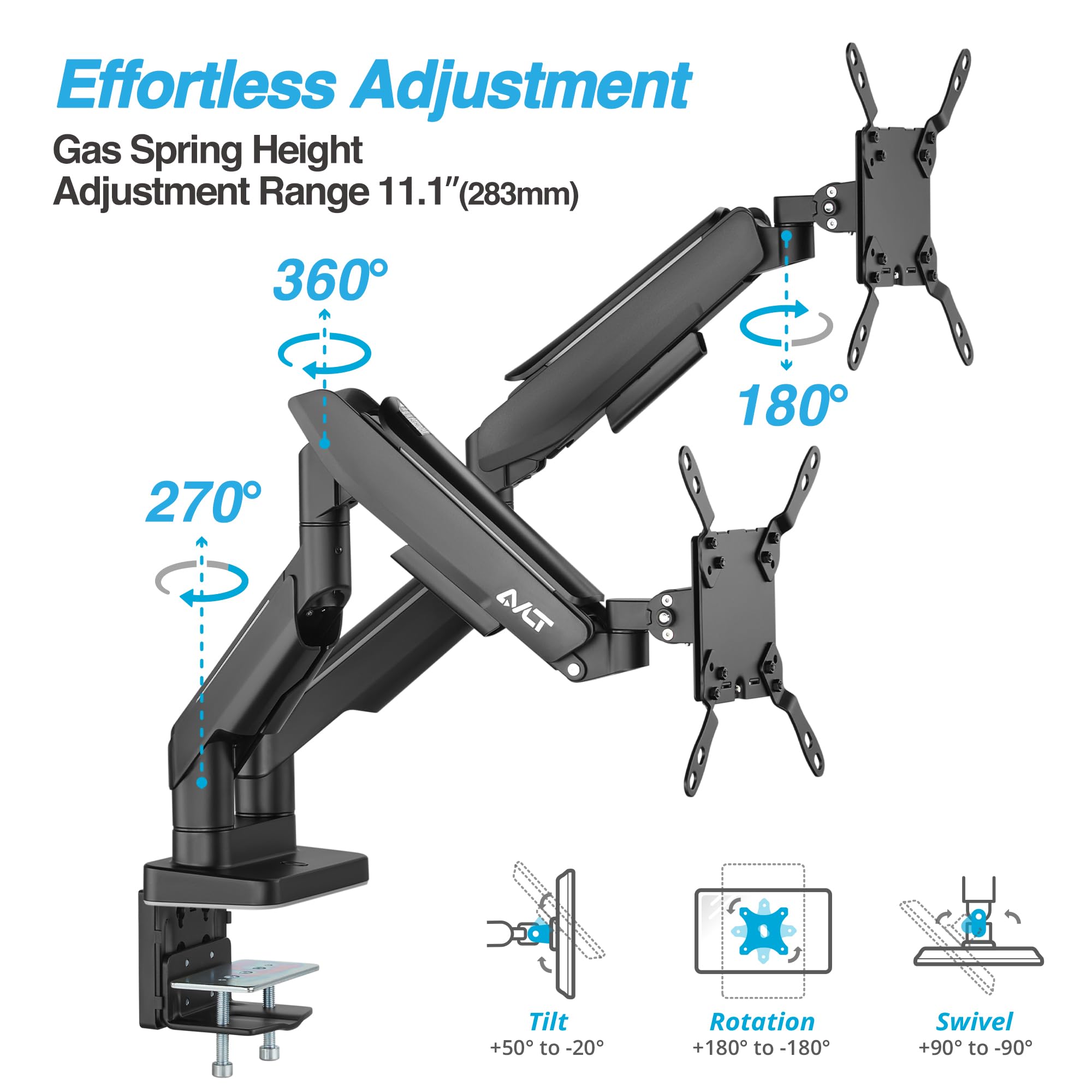 RGB Lights Dual 17-43 Gaming Monitor Arm Soporte de escritorio, se adapta a dos pantallas planas/curvas/ultraanchas de hasta 44 libras (44.1 lbs), soporte ajustable de inclinación giratoria de 5
