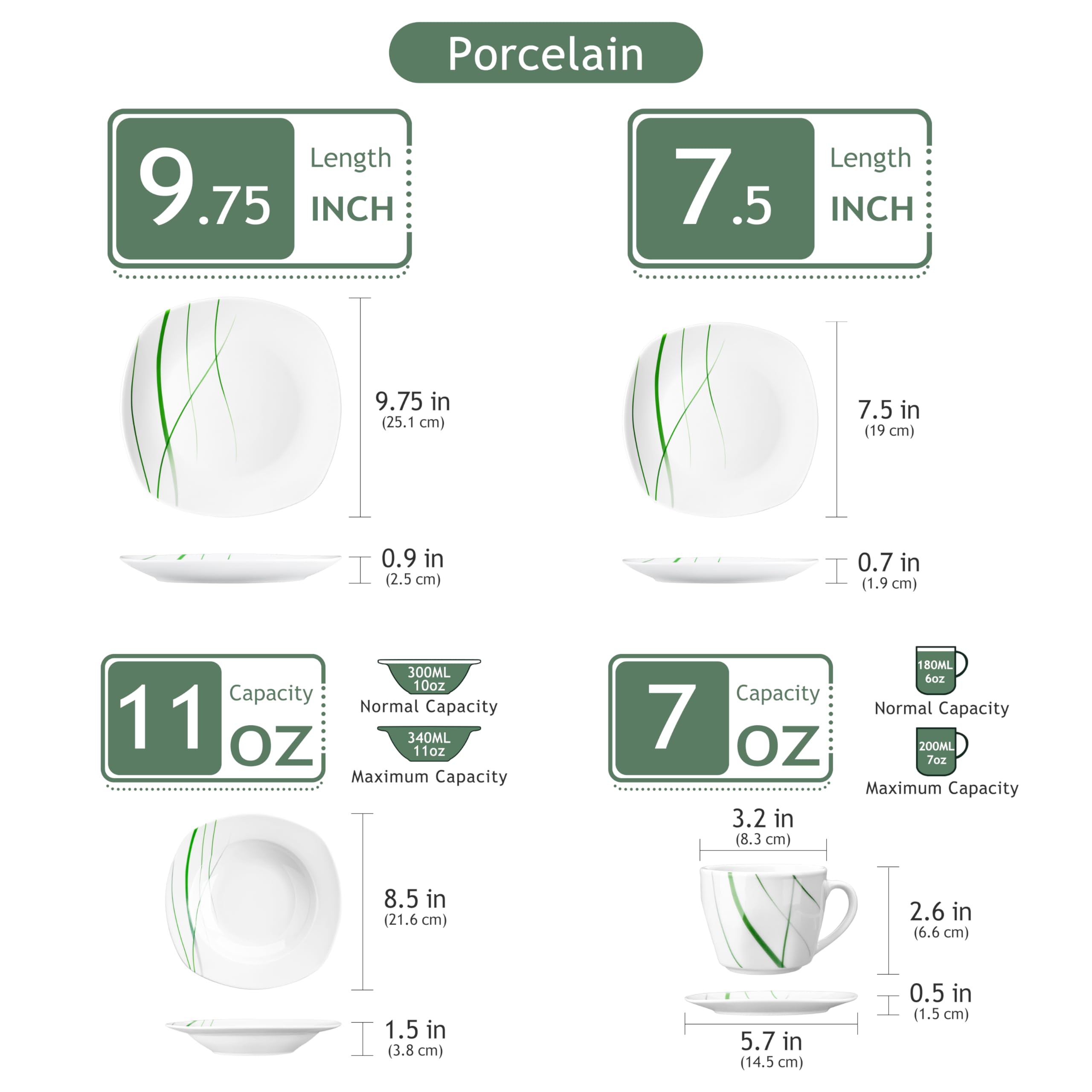 VEWEET "Aviva" 30-częściowy porcelanowy zestaw obiadowy, kość słoniowa, zielone linie, porcelanowy zestaw obiadowy z kubkiem na jajka, kubkiem, miską, talerzem deserowym, talerzem obiadowym,