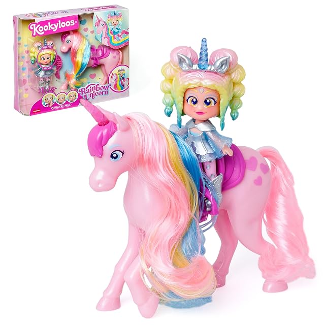 KOOKYLOOS Rainbow Unicorn - Unicornio con pelo real y muñeca Iris. Incluye el unicornio Rainbow, la muñeca…