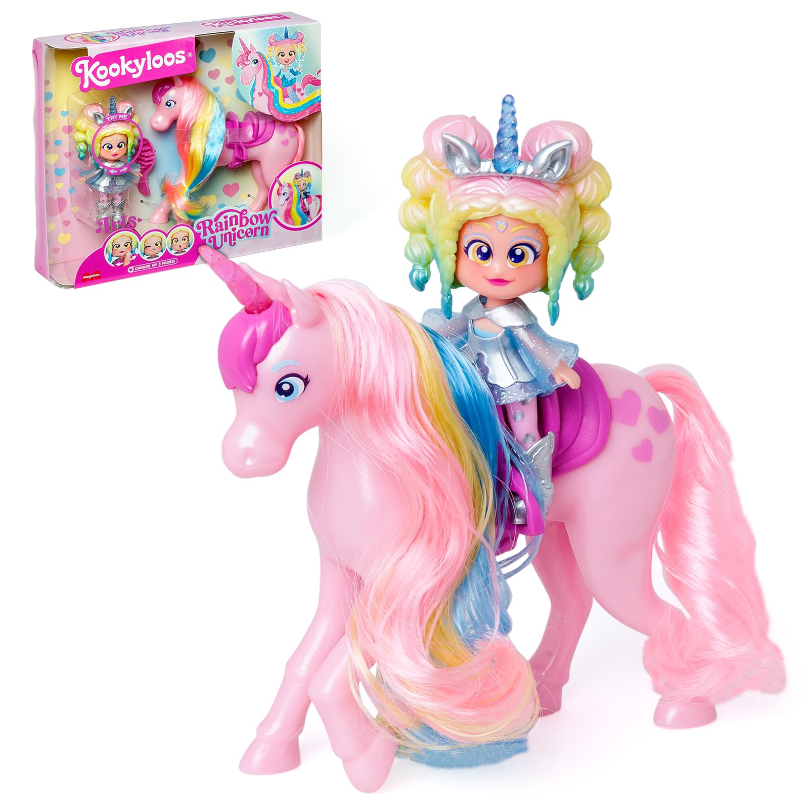KOOKYLOOS Rainbow Unicorn, Unicorn with real hair and Iris doll. Includes Rainbow unicorn, exclusive Iris doll