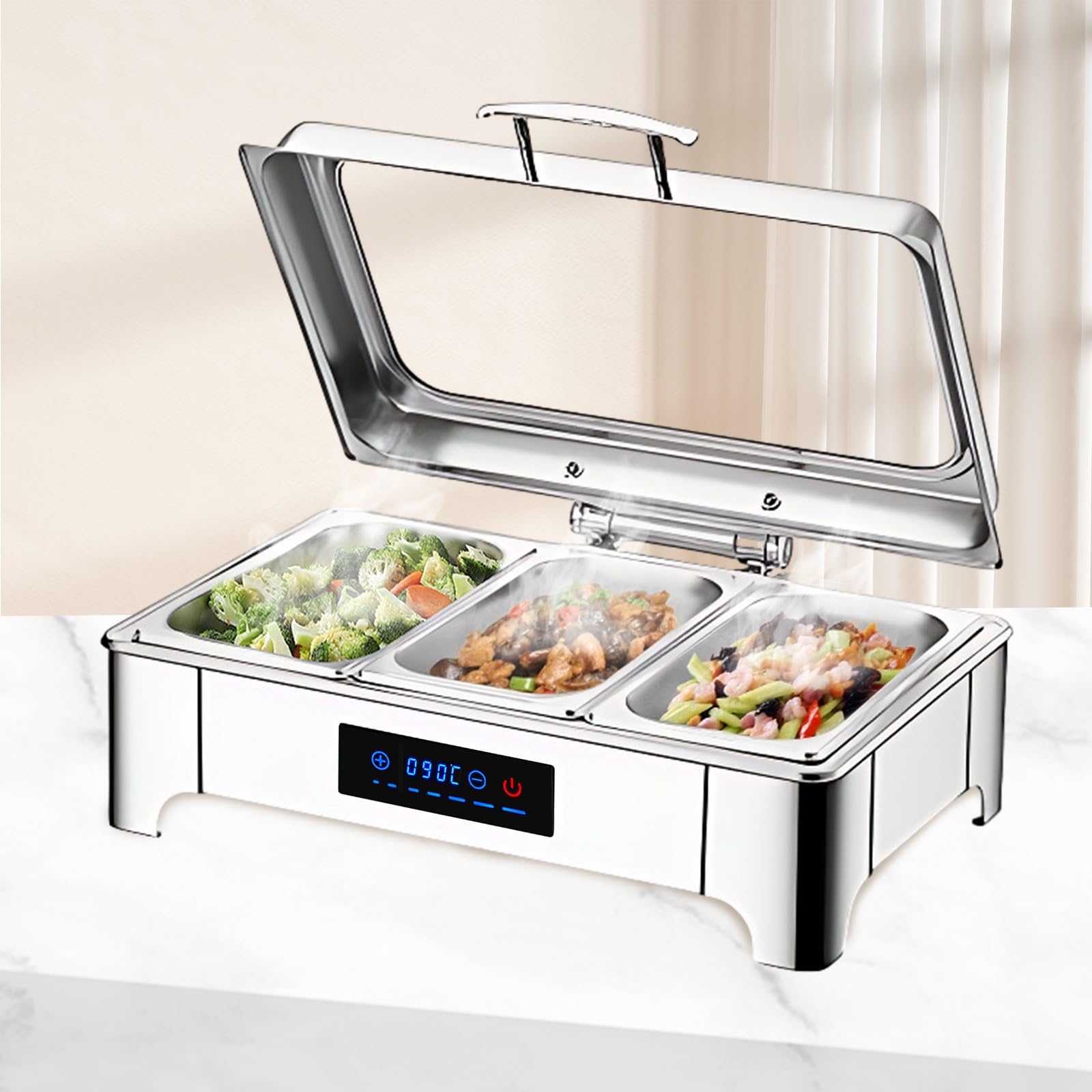 Chafing Dish Elettrico, 9L Scaldavivande Elettrico per Buffet Acciaio Inox, Chafing Dish Buffet Elettrico Temperatura Regolabile con Coperchio in Vetro Trasparente per Buffet(B, 1/3 Pan)