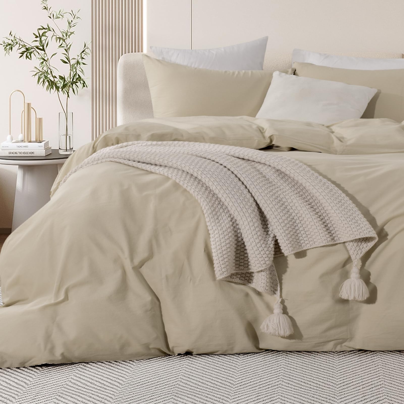 NEXHOME PRO Queen Duvet Cover Set – 100% Certified Organic Cotton with Washed Feel &amp; Linen-Like Texture, Comfortable &amp; Breathable, Home Bedding Set 90"*90" (No Comforter)