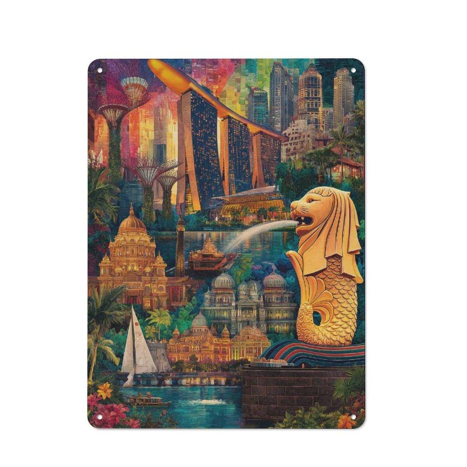 Junmoney Merlion Statue And Singapore Skyline Vintage Tin Sign 40X30cm With For Guest Room Or Hallway, For Collectors Decorating Guest Rooms And Hallways