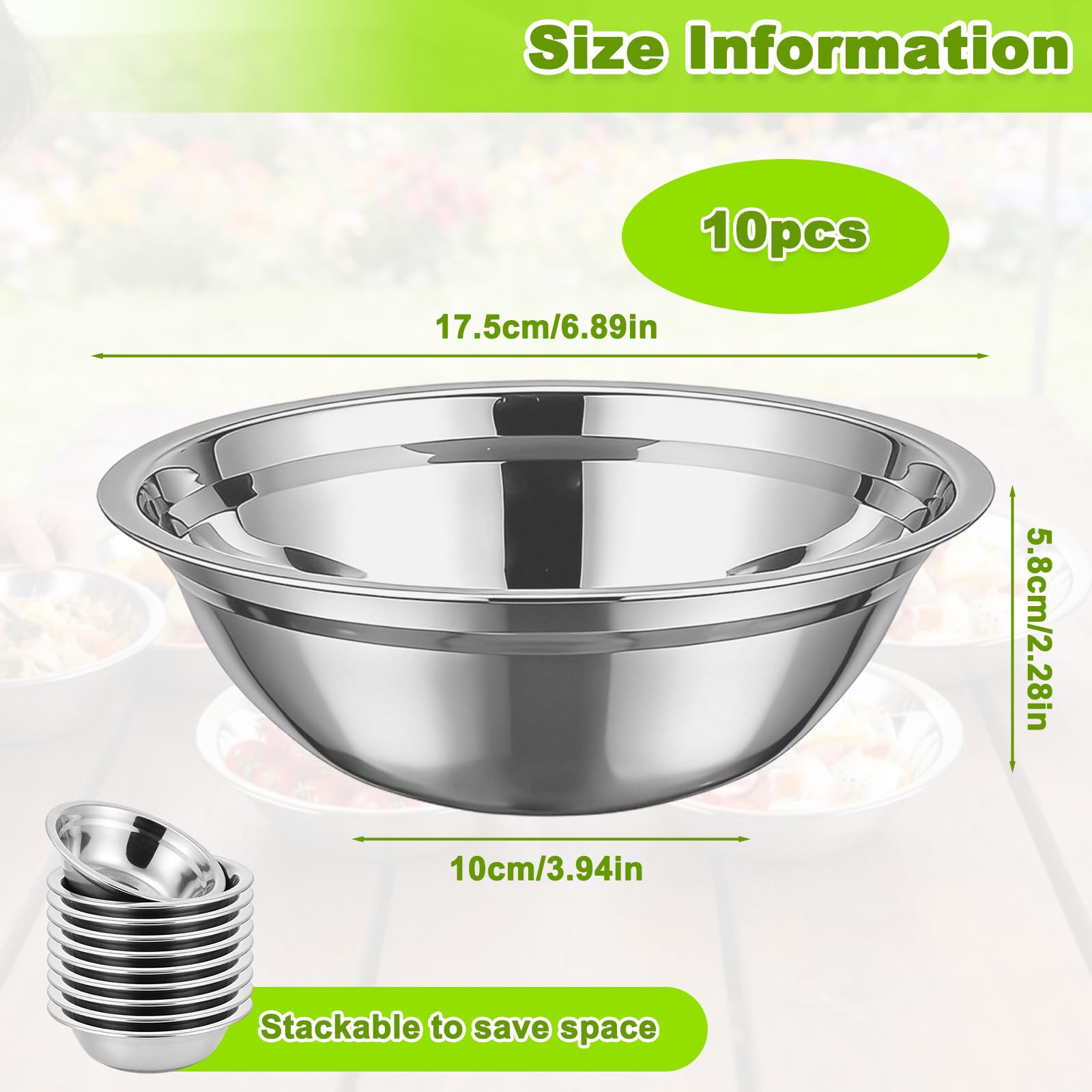 10 Piezas Cuencos Acero Inoxidable, Tazones Ensalada Metal, Cuenco Pequeños Fáciles Limpiar, Ensaladeras Grado Alimentario, Contenedor Multifuncional para Aperitivos, Frutas, Salsas, Especias (Plata)